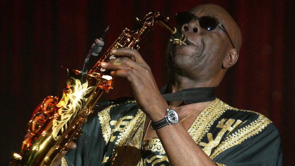 Camoroonese musician Manu Dibango plays his saxaphone during French designer Sorbier''s Spring/Summer..