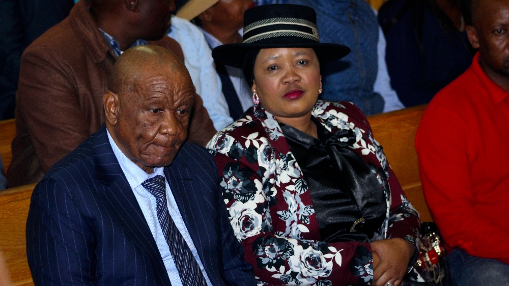 Lesotho''s Prime Minister, Thomas Thabane, left, and his wife Maesaiah, right are seated in court, in Maseru, Monday, Feb. 24, 2020. Thabane appeared in court on Monday