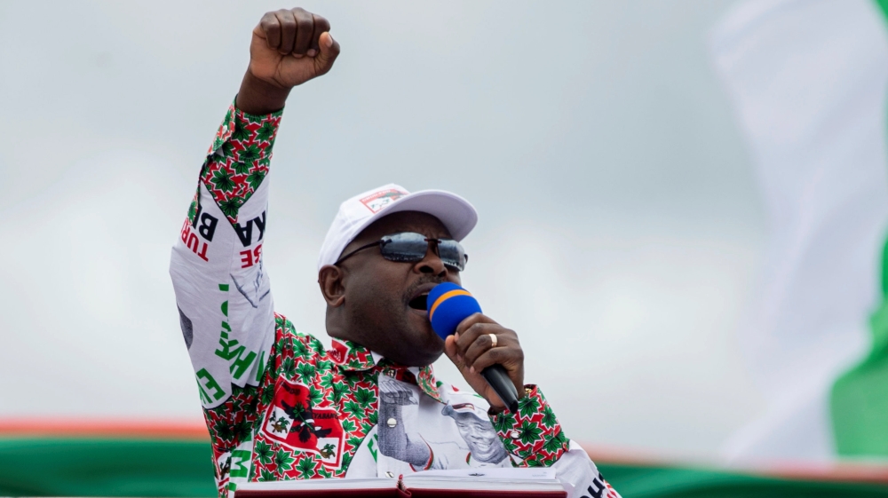 Burundi''s President Pierre Nkurunziza addresses supporters during a campaign rally at the Bugendana Stadium in Gitega Province