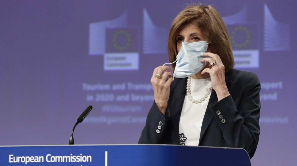 European Commissioner in charge of Health Stella Kyriakides wearing mask ahead of a press conference on the strategic orientations of the European Tourism and Transport Package at European Commission 