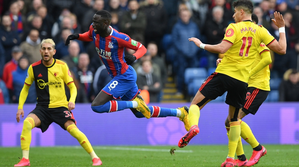 Watford''s Moroccan-born Italian defender Adam Masina (R) fouls Crystal Palace''s Senegalese midfielder Cheikhou Kouyate during the English Premier League football match between Crystal Palace and Watfo