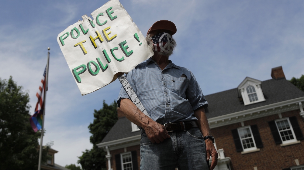 People gather in front of the St. Paul, Minn. governor''s mansion on Saturday, June 6, 2020. Protests continue over the death of George Floyd who died after being restrained by Minneapolis police offic
