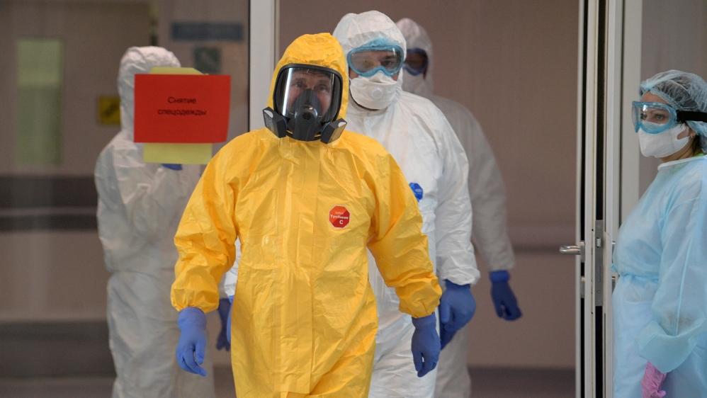 Russian President Putin visits a hospital for patients infected with coronavirus disease (COVID-19) on the outskirts of Moscow