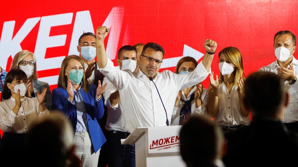 Macedonian Former Prime Minister and leader of the ruling SDSM party Zaev celebrates his victory in a parliamentary election, In Skopje