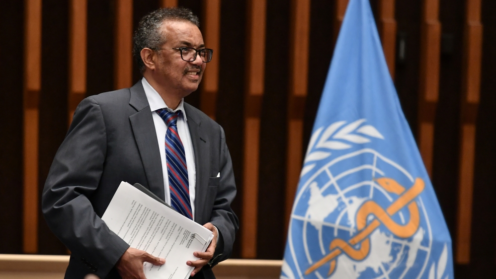 World Health Organization Director-General Tedros Adhanom Ghebreyesus attends a news conference in Geneva