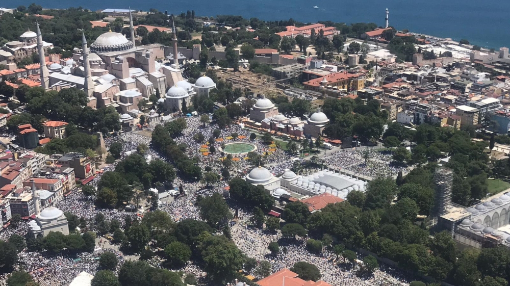 People flock the Hagia Sophia Mosque for the Friday Prayer