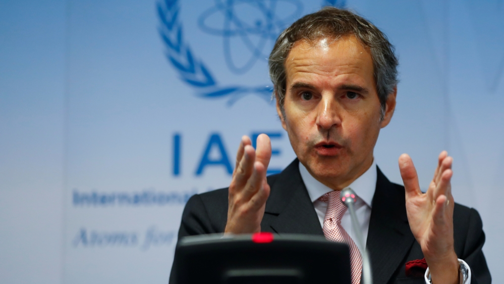 IAEA Director General Grossi addresses the media after a board of governors meeting at the IAEA headquarters in Vienna