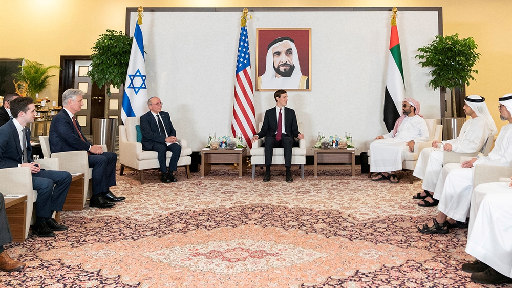 Israeli National Security Advisor Meir Ben-Shabbat, U.S. President's senior adviser Jared Kushner, U.S. National Security Advisor Robert O'Brien and UAE's National Security Adviser Sheikh Tahnoun bin 