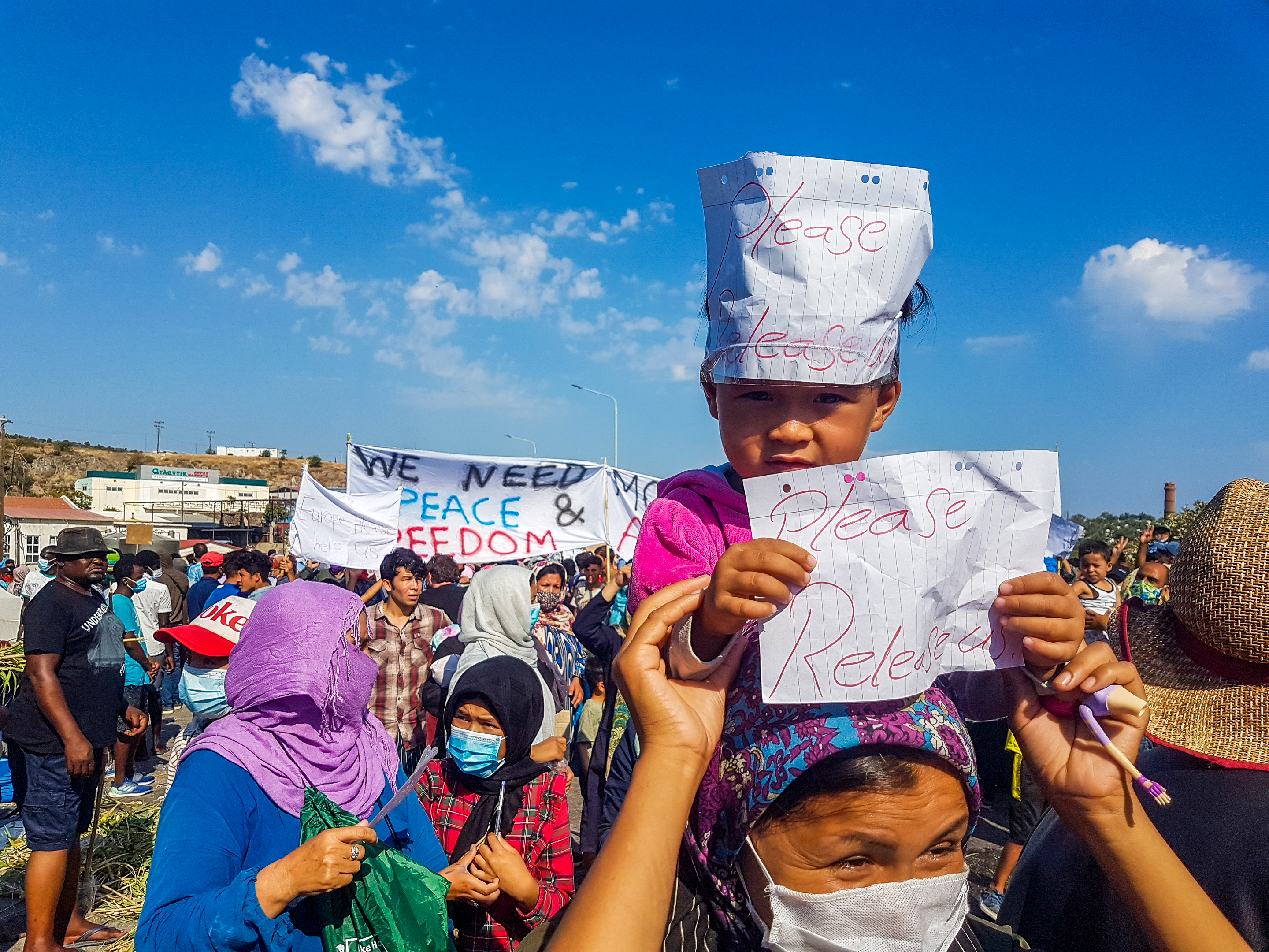 Naqib Rasoli, one of the refugee journalists, took this image documenting protests following the Moria fire [Naqib Rasoli]