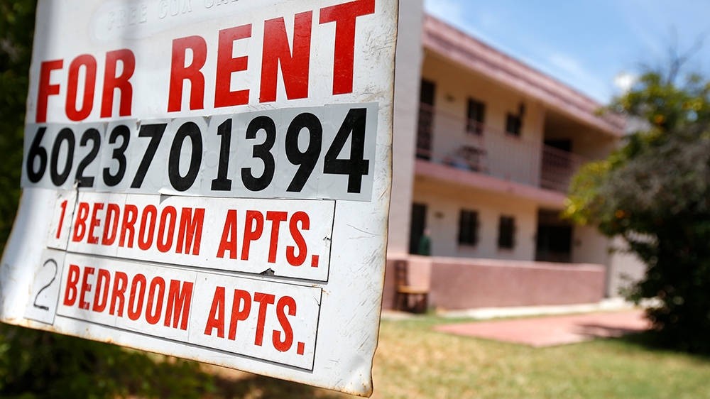A rental sign is posted in front of an apartment complex Tuesday, July 14, 2020, in Phoenix. Housing advocacy groups have joined lawmakers lobbying Arizona Gov. Doug Ducey to extend his coronavirus-er