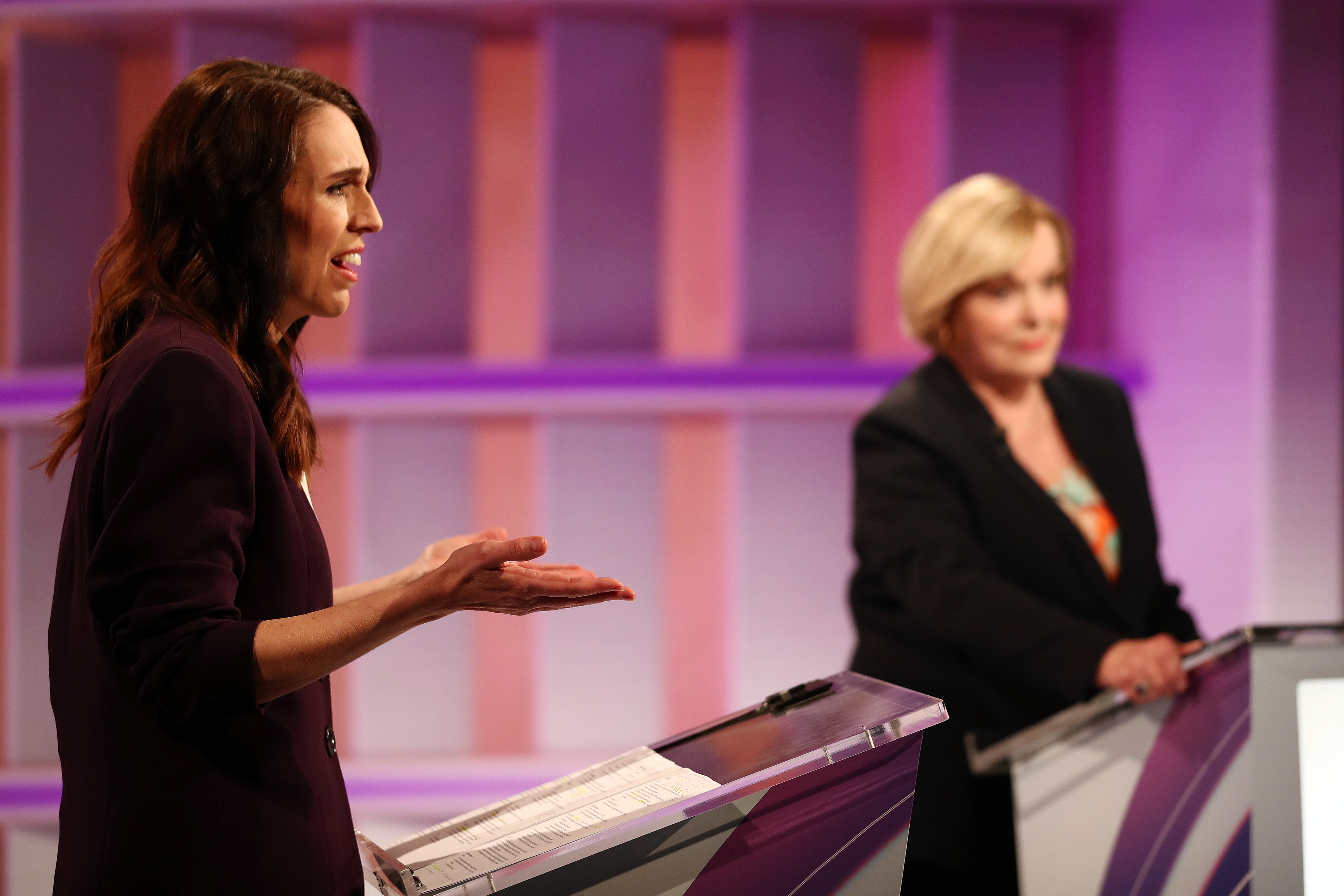 National Party leader Judith Collins and Prime Minister Jacinda Ardern speak during the TVNZ's Leaders' Debate on September 22, 2020, in Auckland, New Zealand [File: Fiona Goodall/Getty Images]