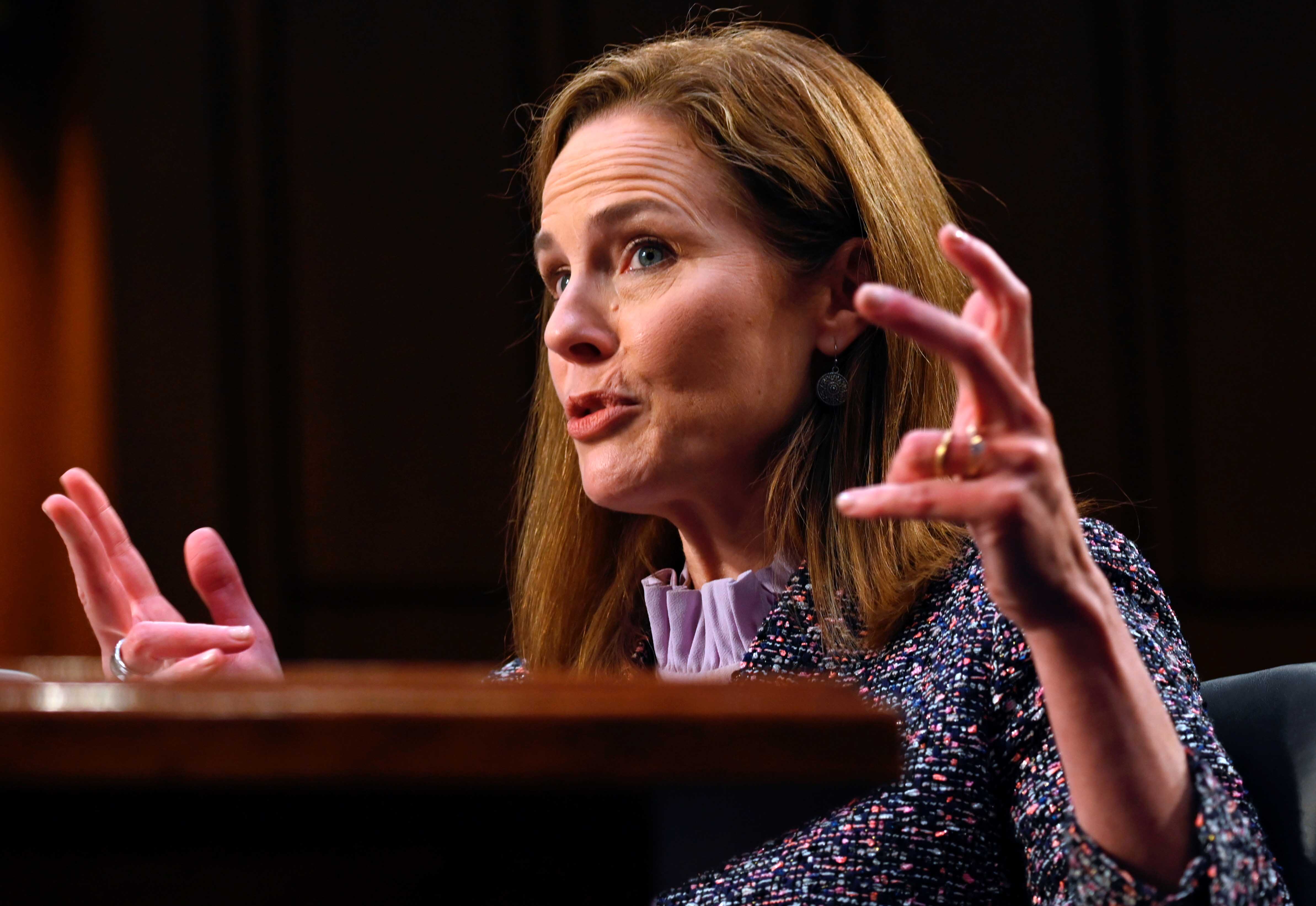 Judge Amy Coney Barrett speaks during the third day of her Senate confirmation hearing to the Supreme Court on Capitol Hill in Washington, DC on October 14, 2020 [Reuters/Andrew Caballero-Reynolds]