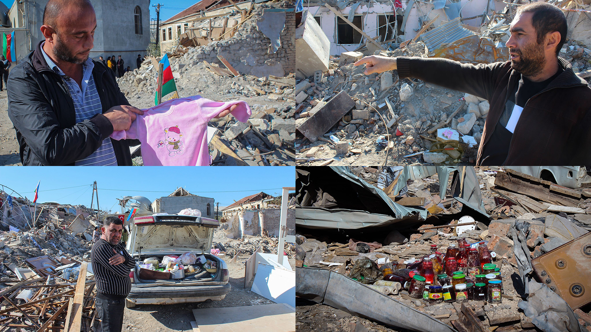 Top left: Teymur Asgarov holds his niece's dress; top right: Rovshan Asgarov gestures to show the site of the attack; bottom left: Ramiz Agadev collects undamaged items from the debris; bottom right: residents gathered a few food products from the scene [Seymur Kazimov/Al Jazeera]