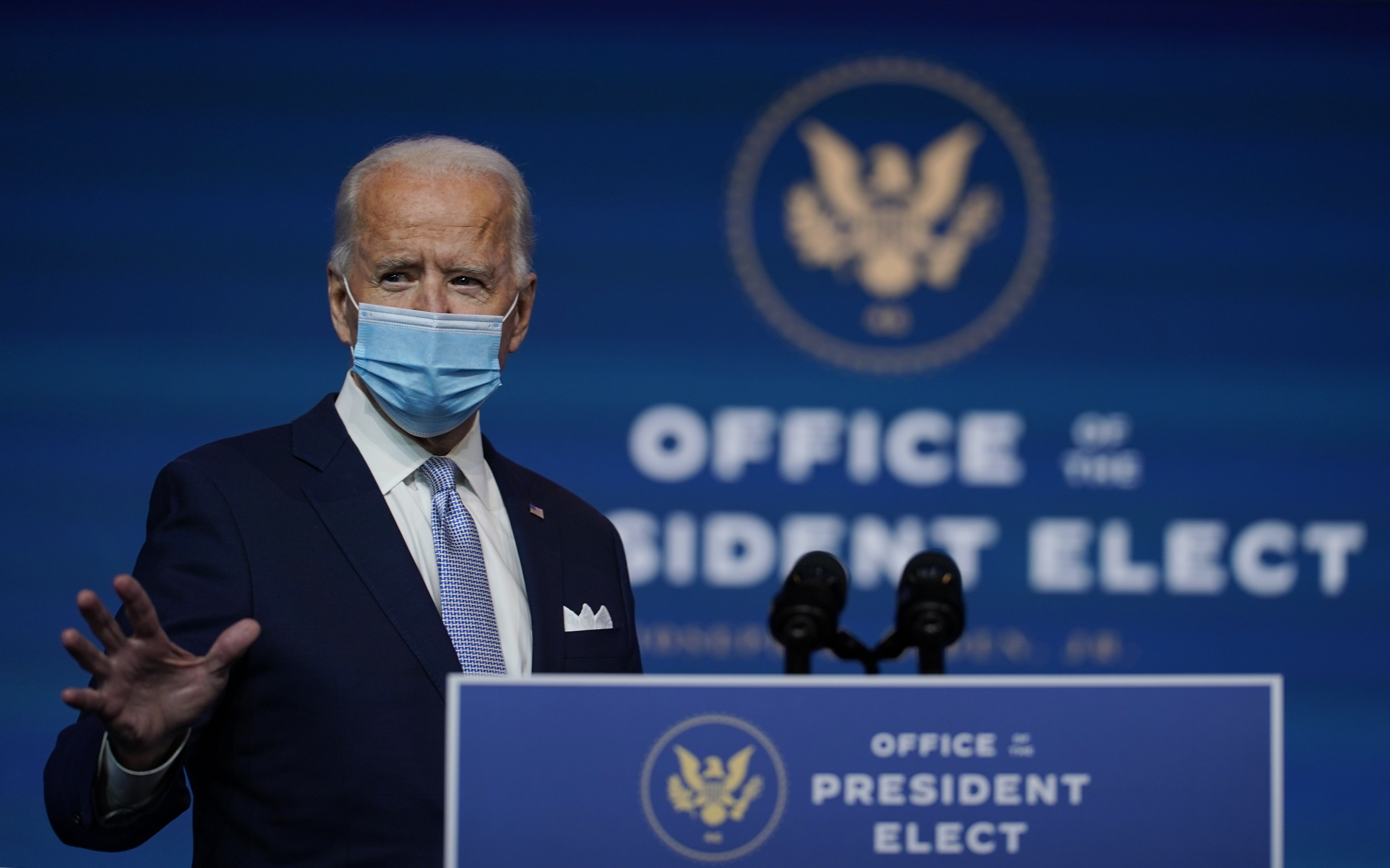 President-elect Joe Biden arrives to introduce his nominees and appointees to key posts, November 24, 2020, in Wilmington, Del [File: Carolyn Kaster/AP Photo]