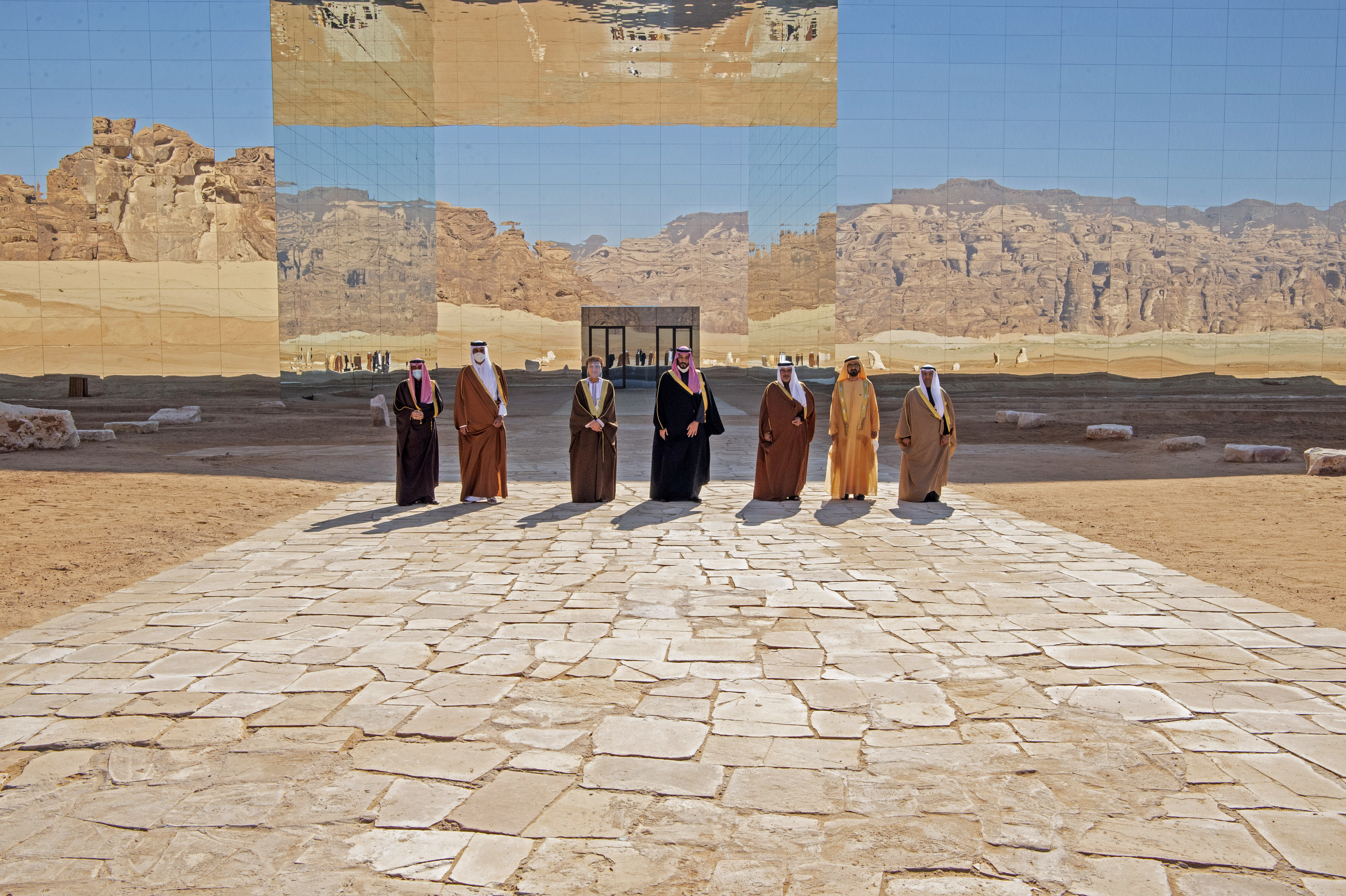 GCC leaders pose for photos before the opening session of the 41st GCC summit in the northwestern Saudi city of Al-Ula on January 5, 2021 [Bandar al-Jaloud/handout via AFP]