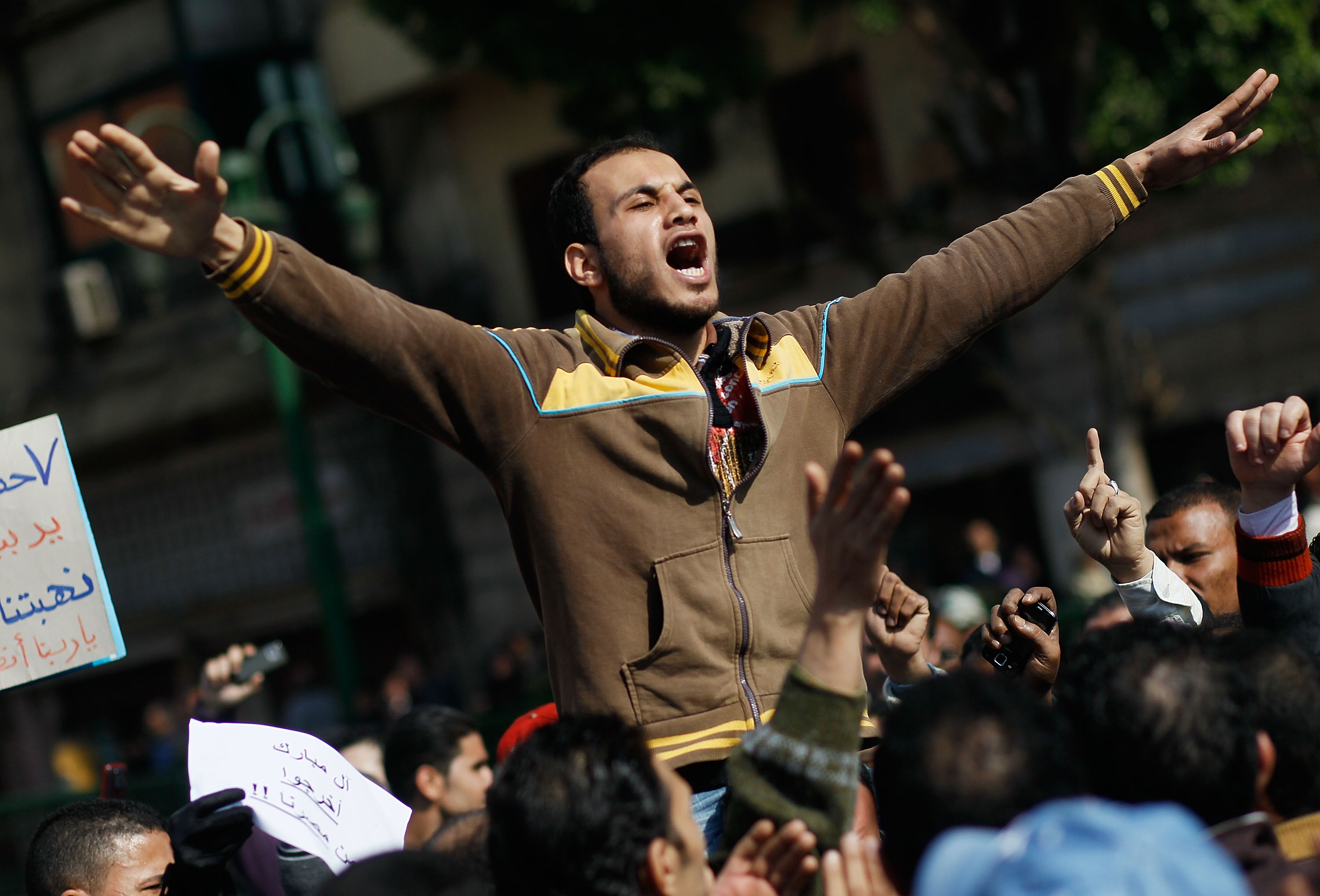 A protester leads a chant during an anti-government protest in Tahrir Square on January 31, 2011 in Cairo, Egypt [Chris Hondros/Getty Images]