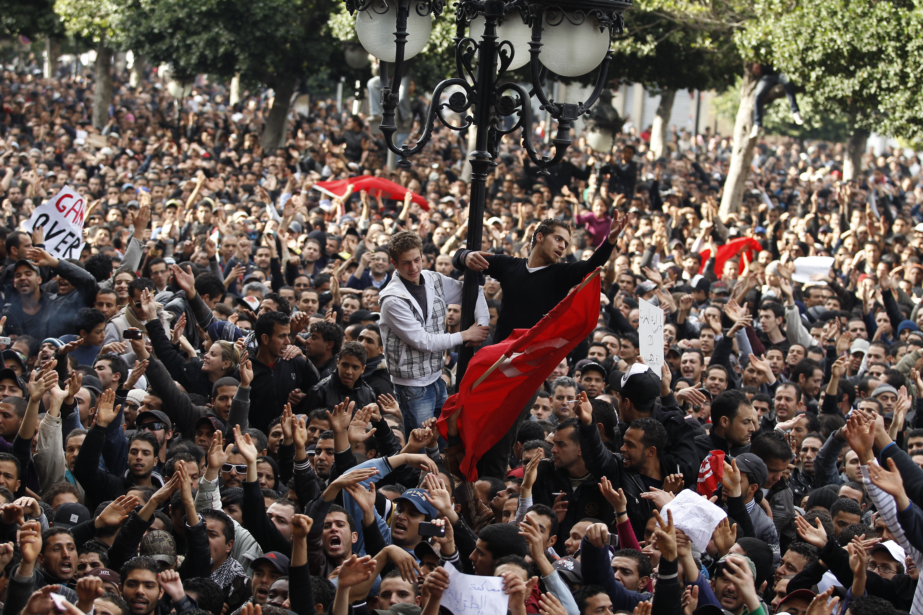 Protesters demonstrate against Tunisian President Zine al-Abidine Ben Ali and celebrate his departure from the country in Tunis January 14, 2011 [Zohra Bensemra/Reuters]