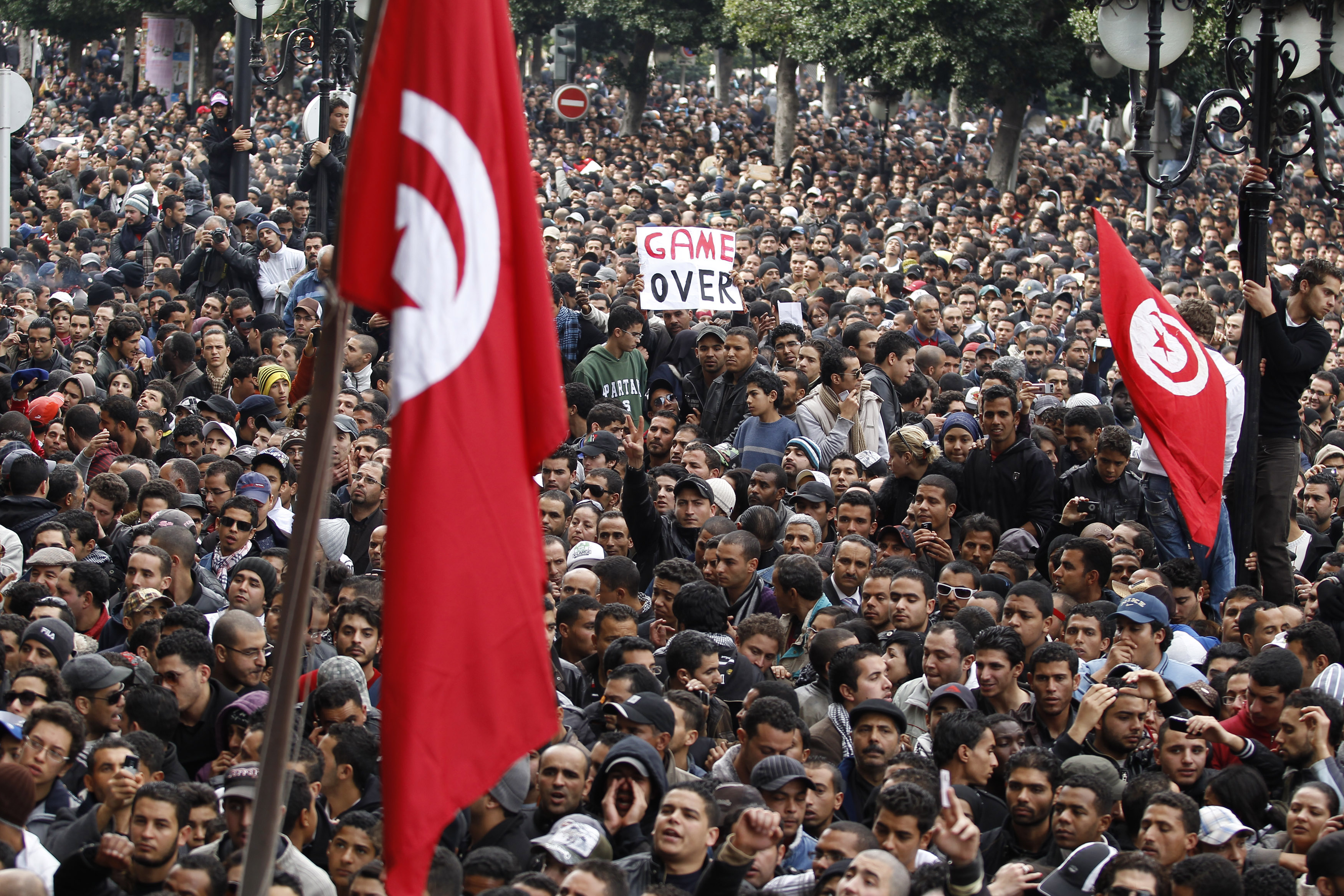 Protesters demonstrate against Tunisian President Zine al-Abidine Ben Ali in Tunis January 14, 2011. Tunisian President Ben Ali stepped aside on Friday after failing to quell the worst anti-government unrest in his two decades in power. As the prime minister stepped in until promised elections can be held, Ben Ali's whereabouts were unclear. Al Jazeera television said he had left the country [Zohra Bensemra/Reuter