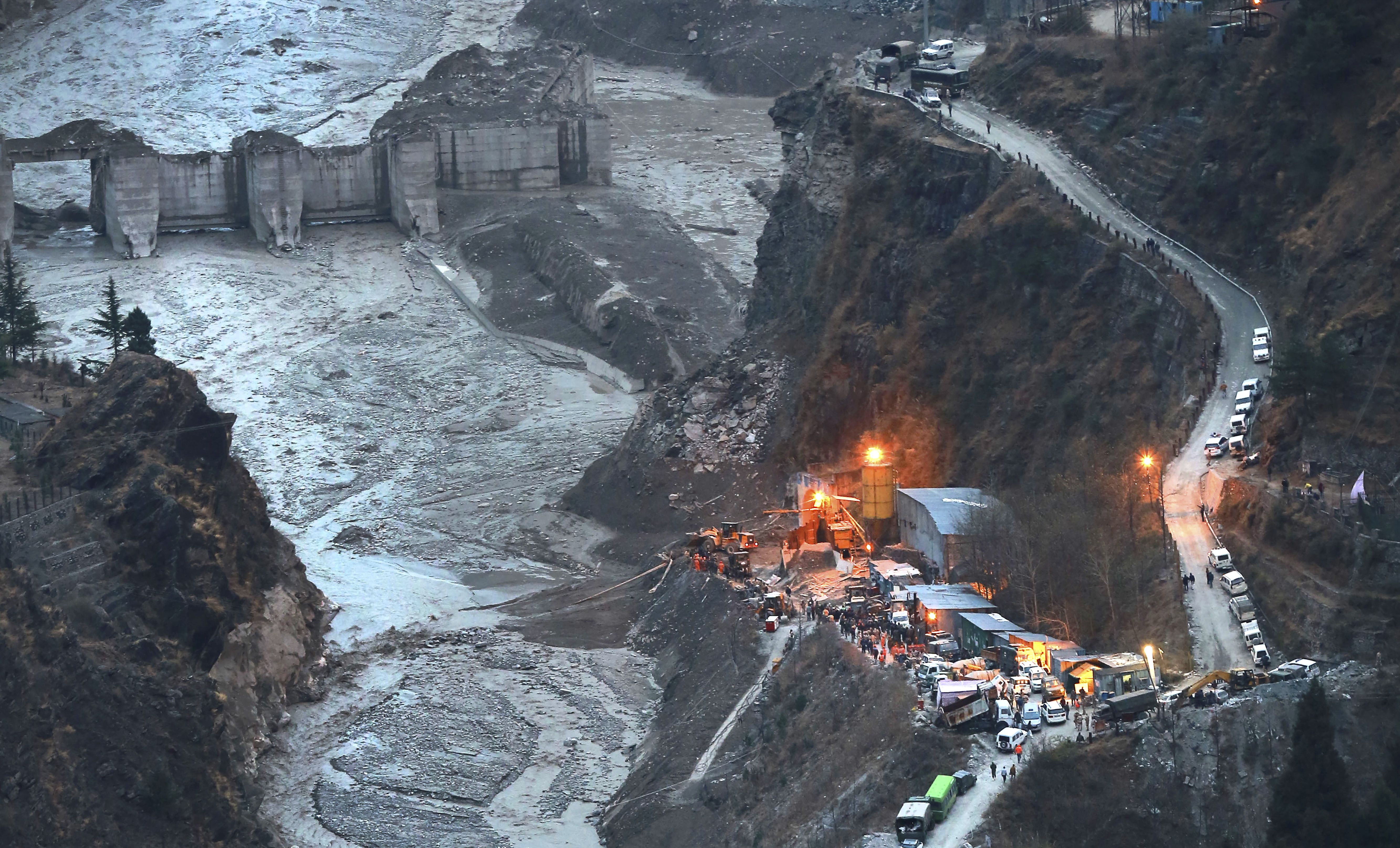 A aerial view of the Tapovan Vishnugad hydroelectric project two days after it was damaged by a flash flood, in Uttarakhand, India, Feb 9, 2021 [AP Photo]