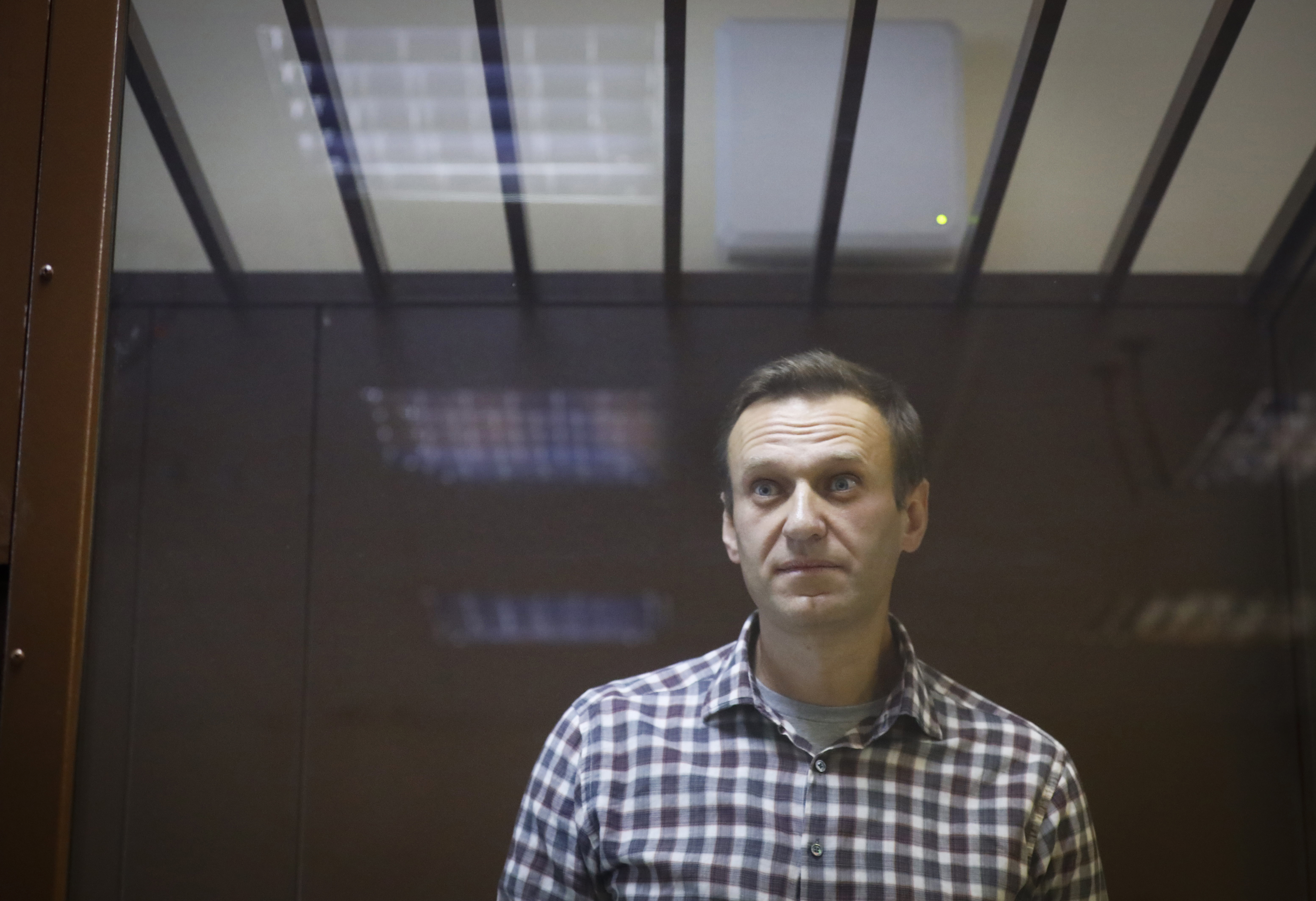 Alexey Navalny in a cage in a courthouse
