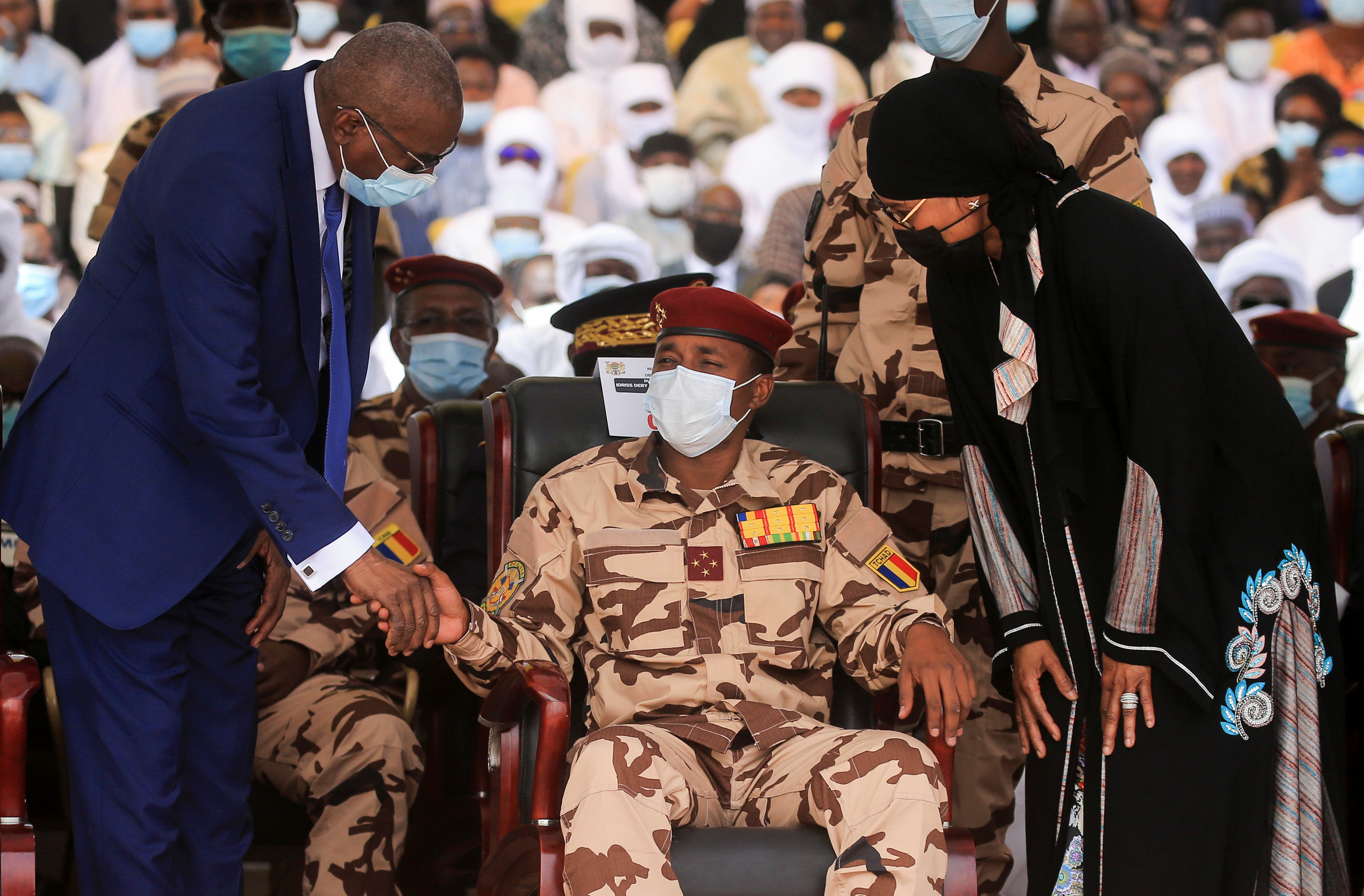 Mahamat Idriss Deby, interim Chadian leader and son of the late Chadian President Idriss Deby, sits in the front row during the state funeral for his father in N'Djamena, Chad April 23, 2021 [Christophe Petit Tesson/Pool via Reuters]
