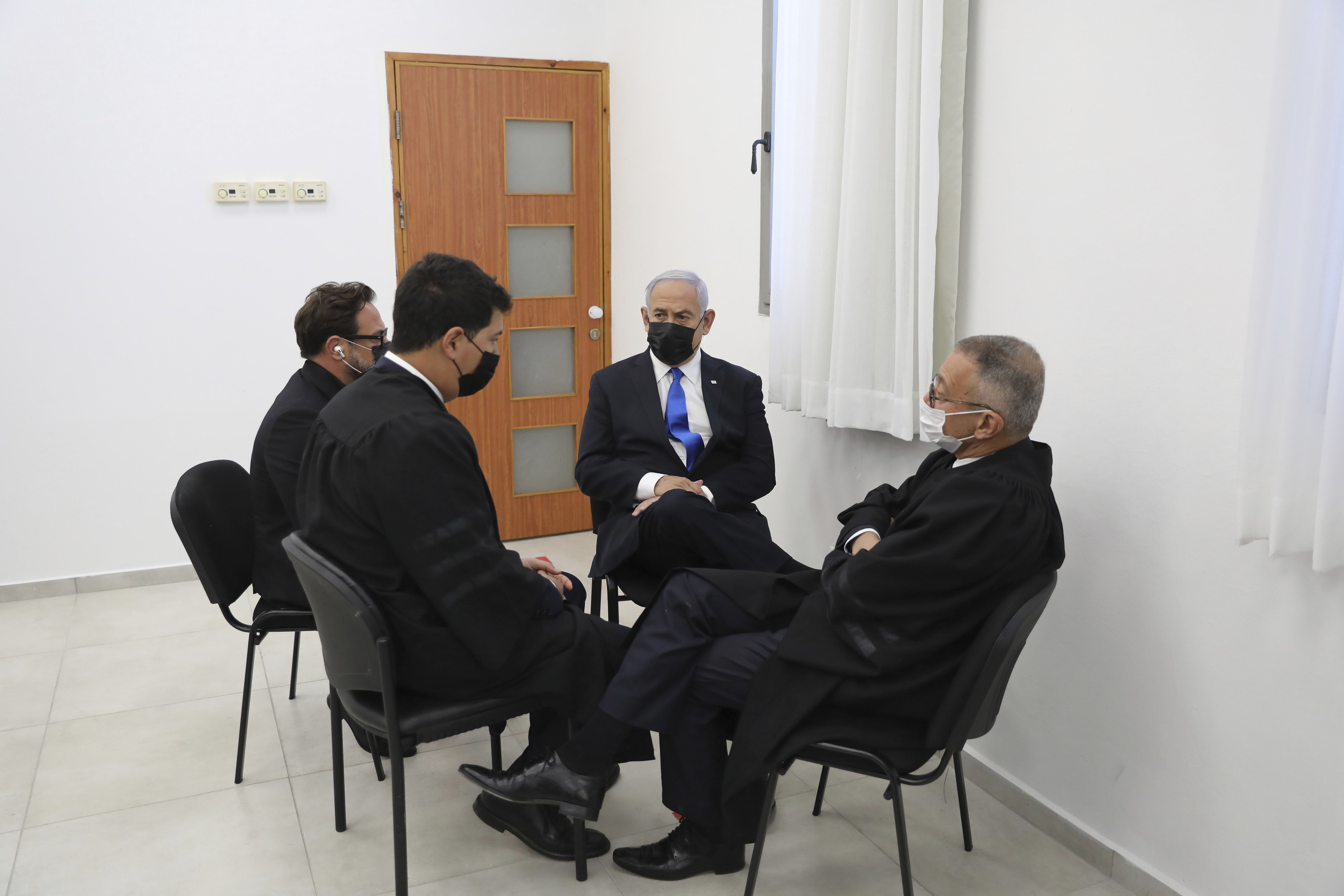 Israeli Prime Minister Benjamin Netanyahu attends the evidence hearing stage for his trial over alleged corruption crimes, at the Jerusalem district court on April 5, 2021 [Abir Sultan/Pool Photo via AP]