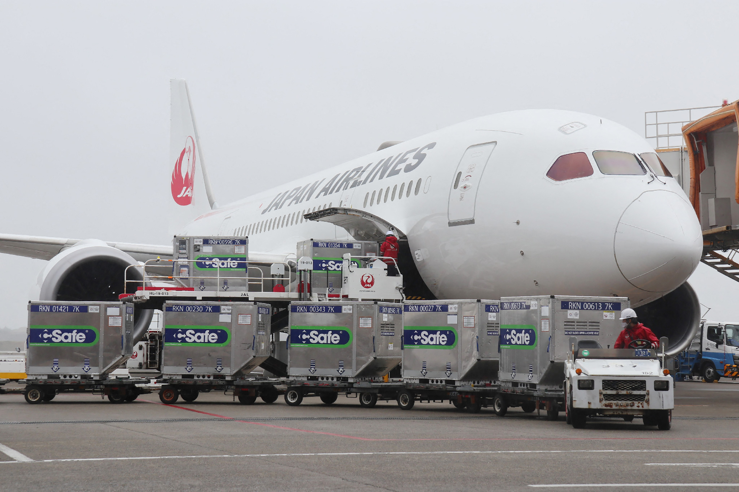 Cargo being loaded into a Japan Airlines aircraft to transport AstraZeneca coronavirus vaccines donated by the Japanese government to Taiwan, at Narita Airport on June 4, 2021 [JIJI PRESS/AFP]