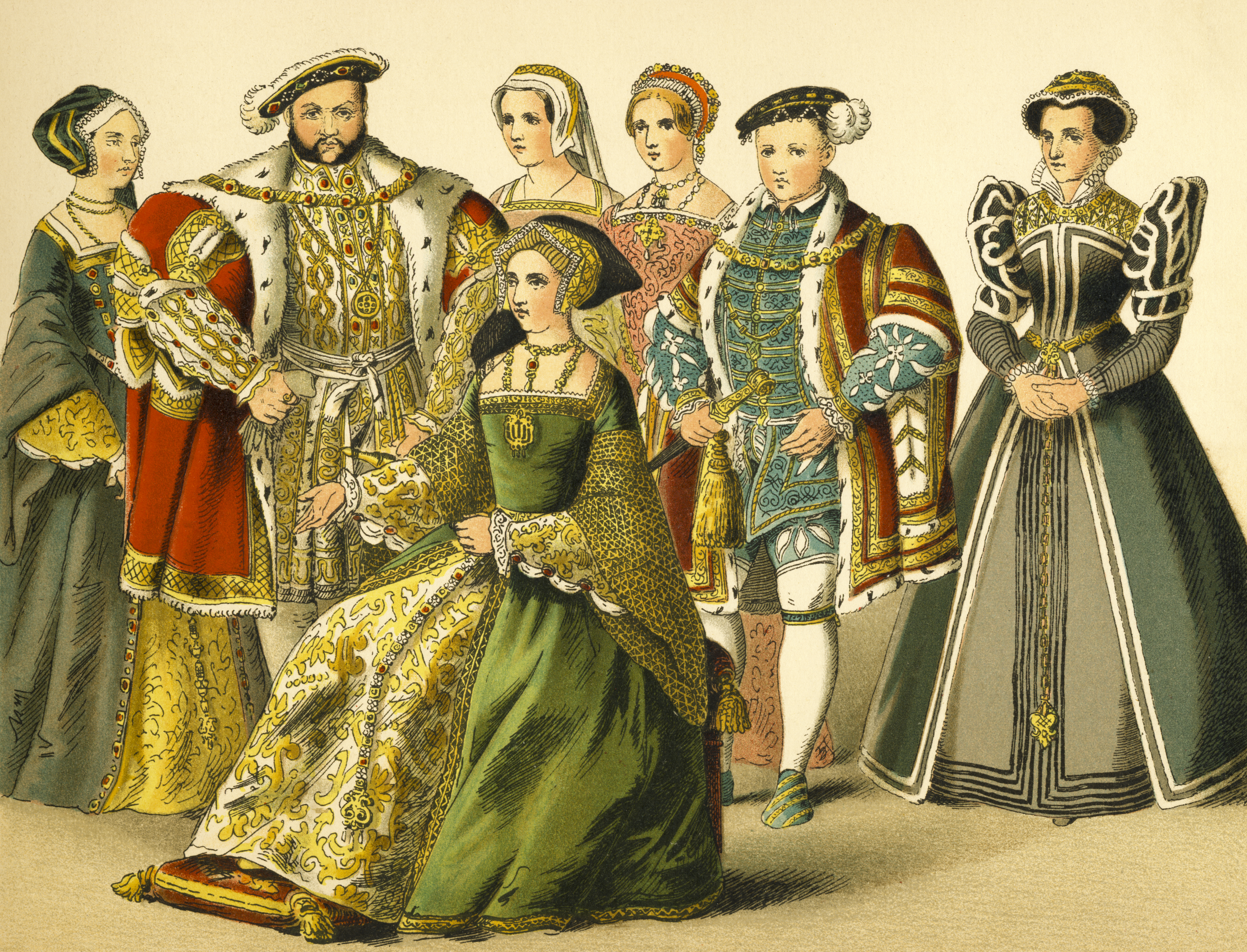 This illustration depicts King Henry VIII standing with members of his court. From left to right are Queen Anne Boleyn, Henry VIII, Queen Jane Seymour, Queen Catharine Parr, Princess Elizabeth, Edward VI, and Queen Mary Tudor. Illustrated and painted by Albert Kretschmer (1825-1891), it was published in an 1882 collection of illustrated costumes of the world [Getty Images]