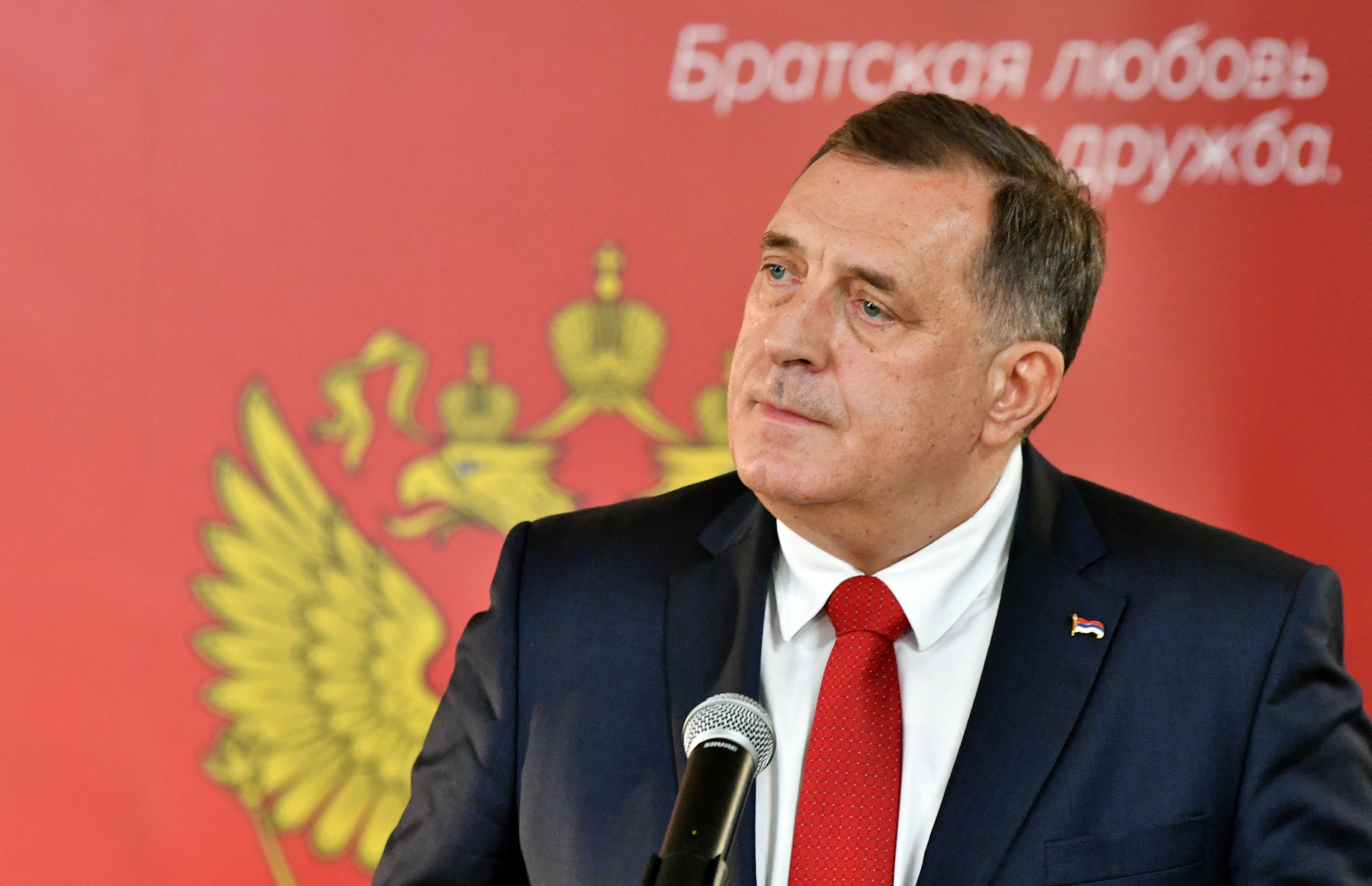 Chairman of Bosnia and Herzegovina's tripartite presidency, Milorad Dodik addresses journalists, after meeting with Russian Foreign Minister in East-Sarajevo
