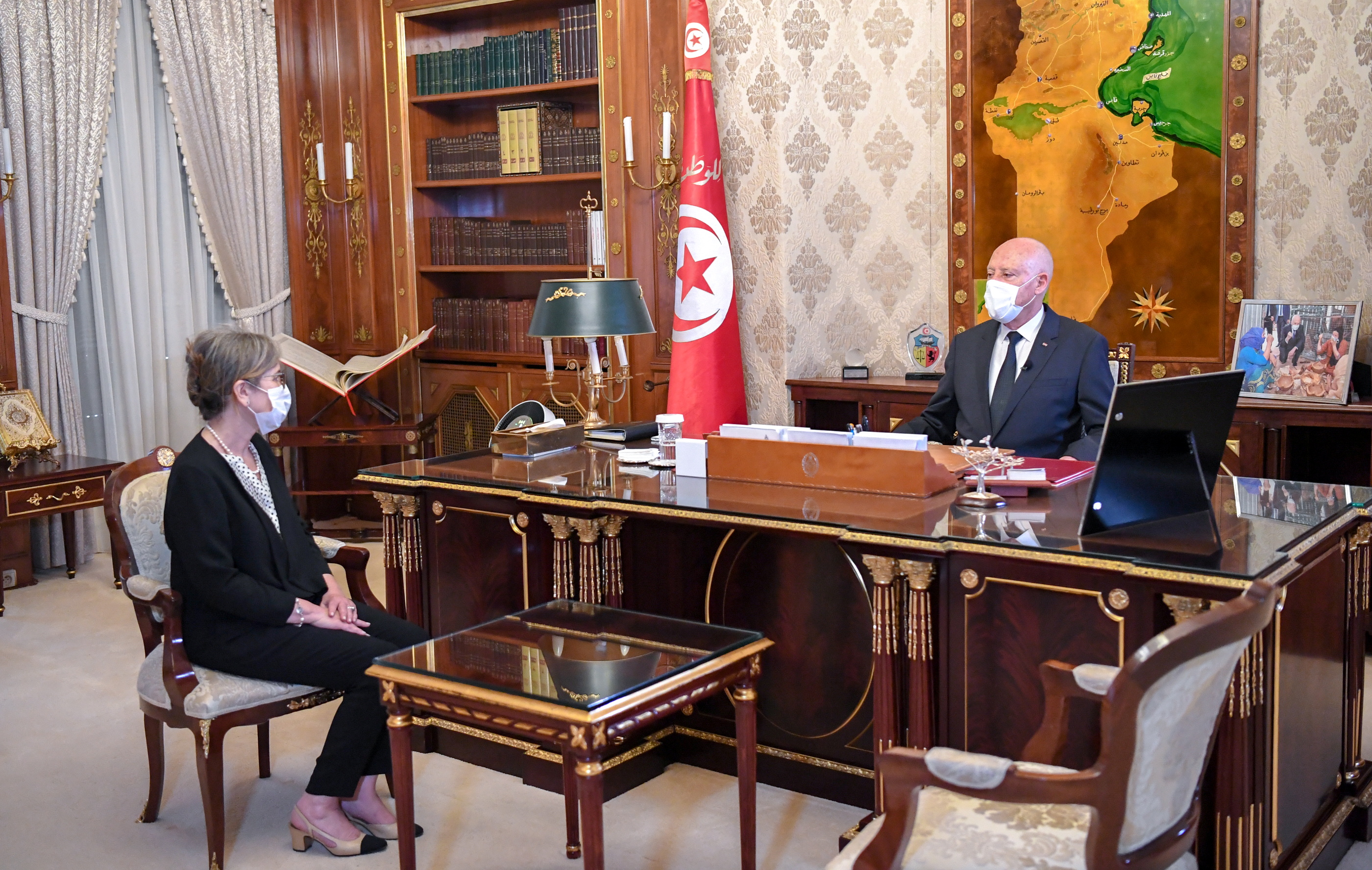 Tunisia's President Kais Saied meets newly appointed Prime Minister Najla Bouden Romdhane in Tunis last month [File: Reuters]
