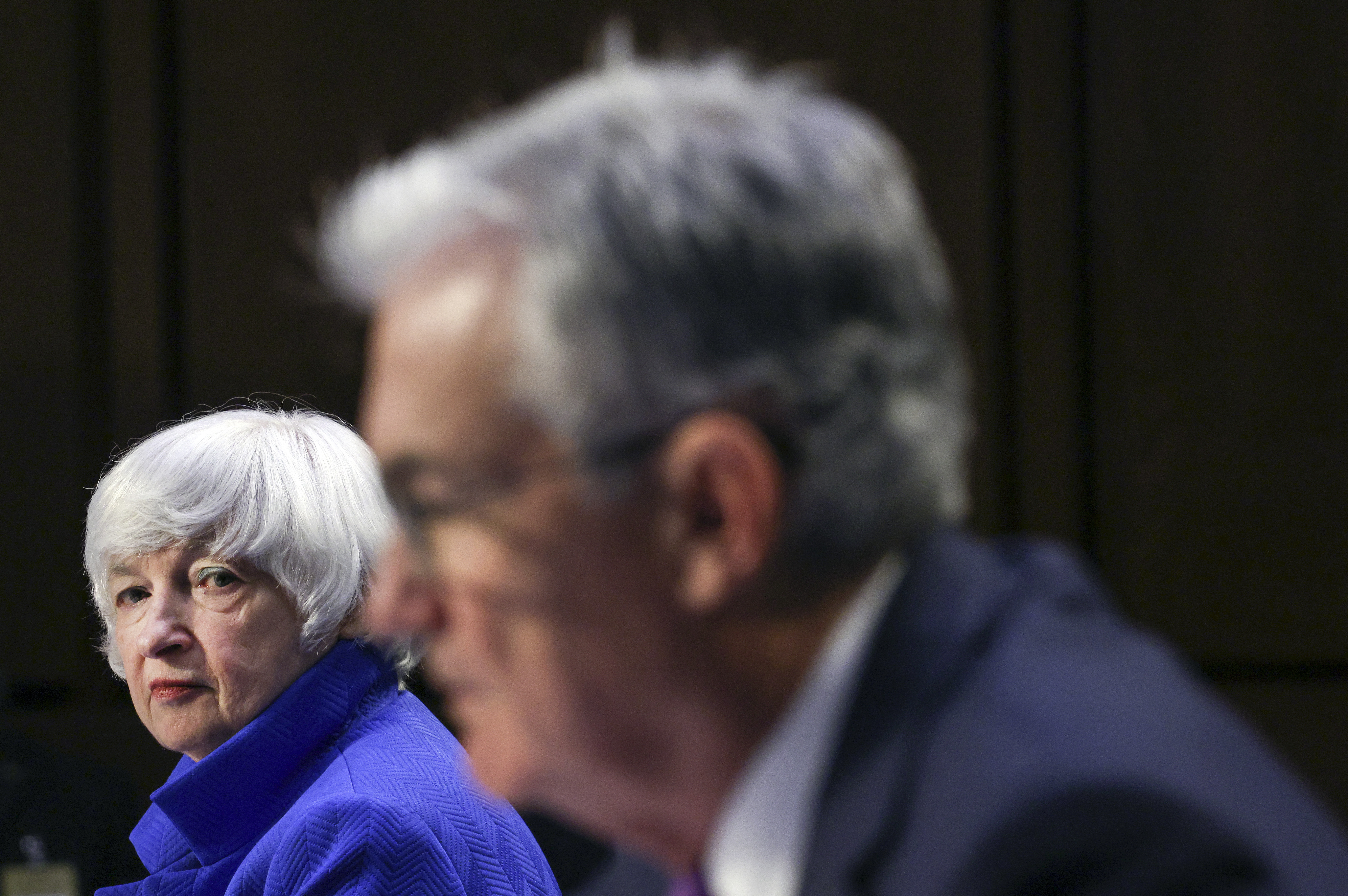 United States Treasury Secretary Janet Yellen (left) and Federal Reserve Chairman Jerome Powell (right) testified before the Senate Committee on Banking, Housing, and Urban Affairs about the progress that has been made in bringing the US back from the worst economic downturn since the Great Depression of the 1930s [File: Kevin Dietsch/Pool via AP]
