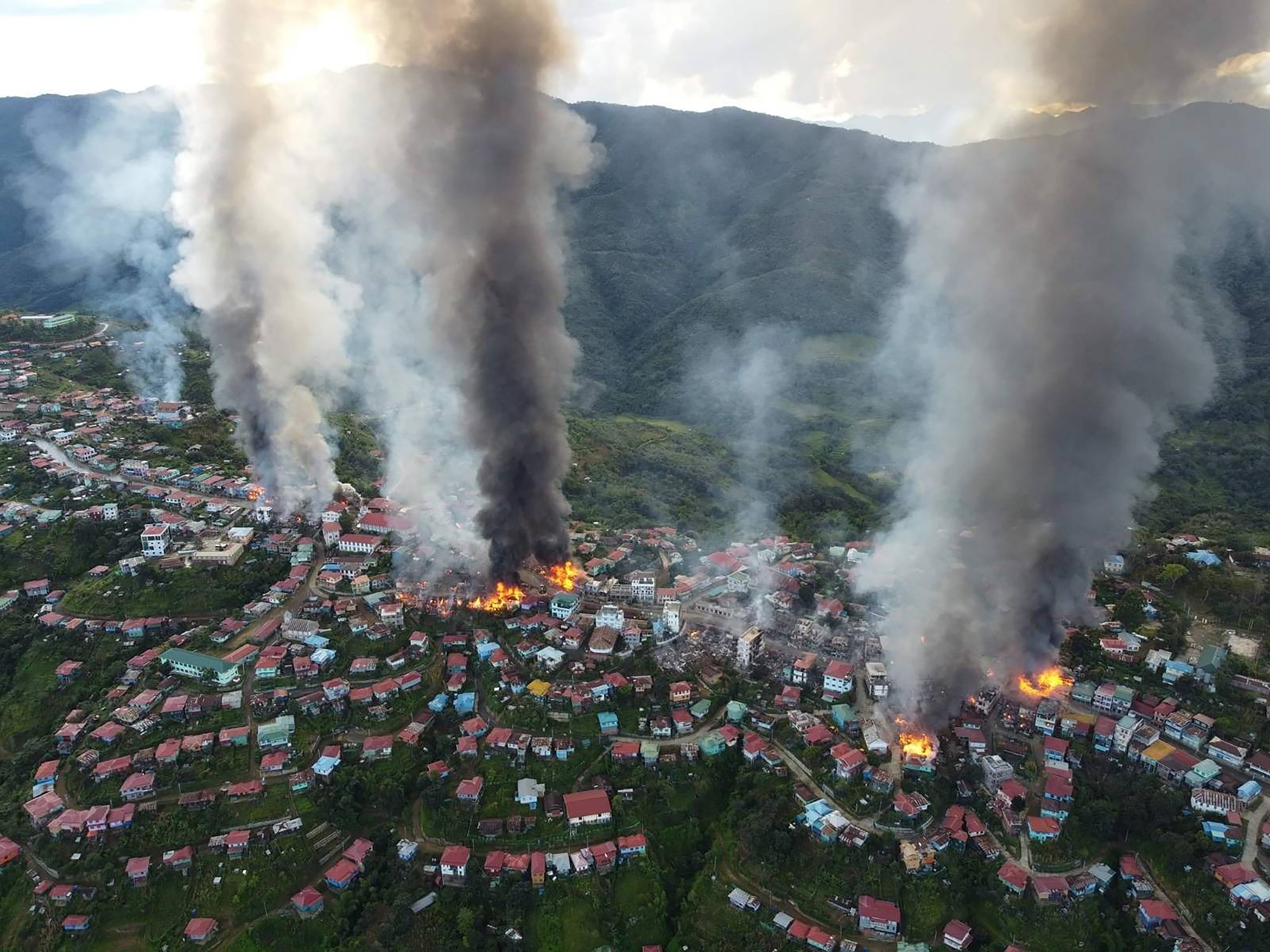 Air attacks on Thantlang in northwestern Chin state in October sent columns of smoke rising into the air after parts of the town were destroyed