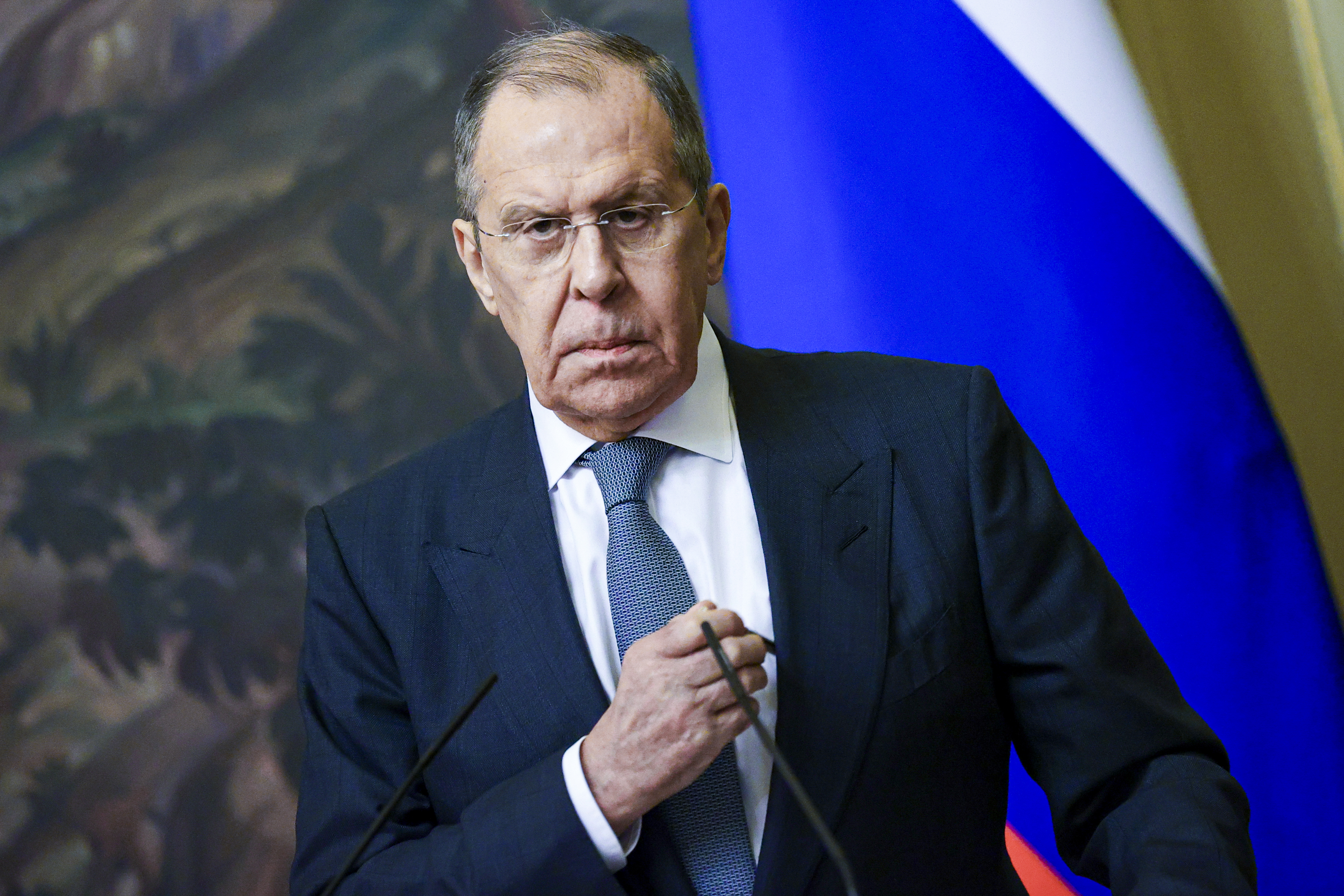 Russian Foreign Minister Sergey Lavrov during a press conference in Moscow, Russia