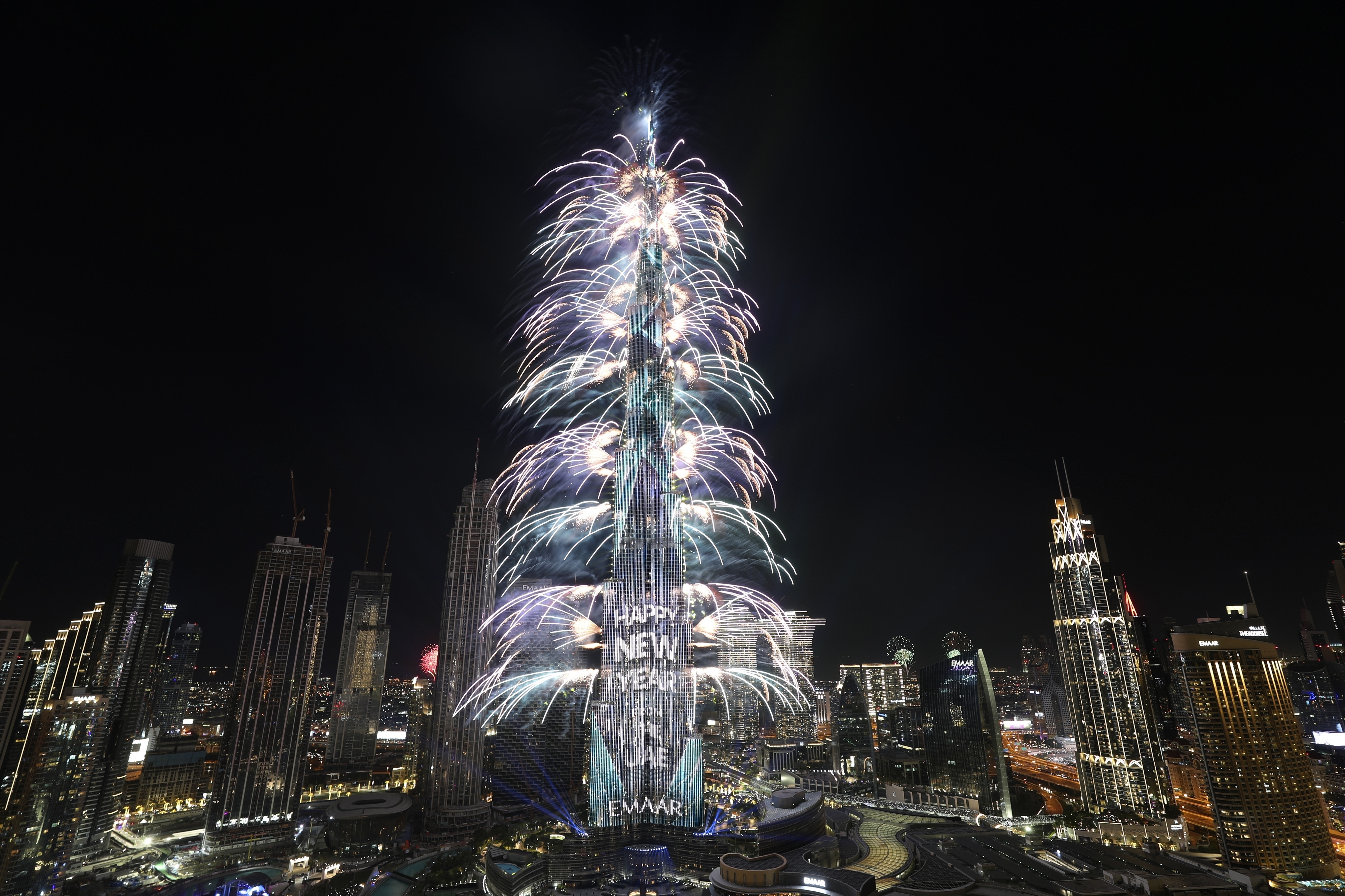 Fireworks explode at the Burj Khalifa building in Dubai, United Arab Emirates
