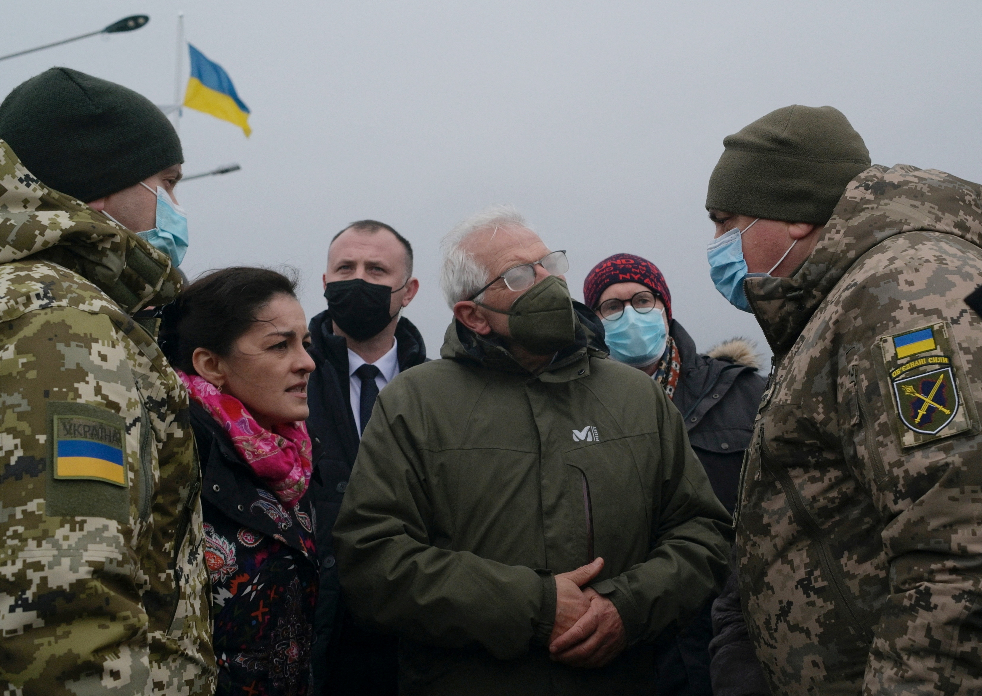 High Representative of the European Union for Foreign Affairs Josep Borrell visits a checkpoint in the settlement of Stanytsia Luhanska in Luhansk Region, Ukraine January 5, 2022. REUTERS/Maksim Levin