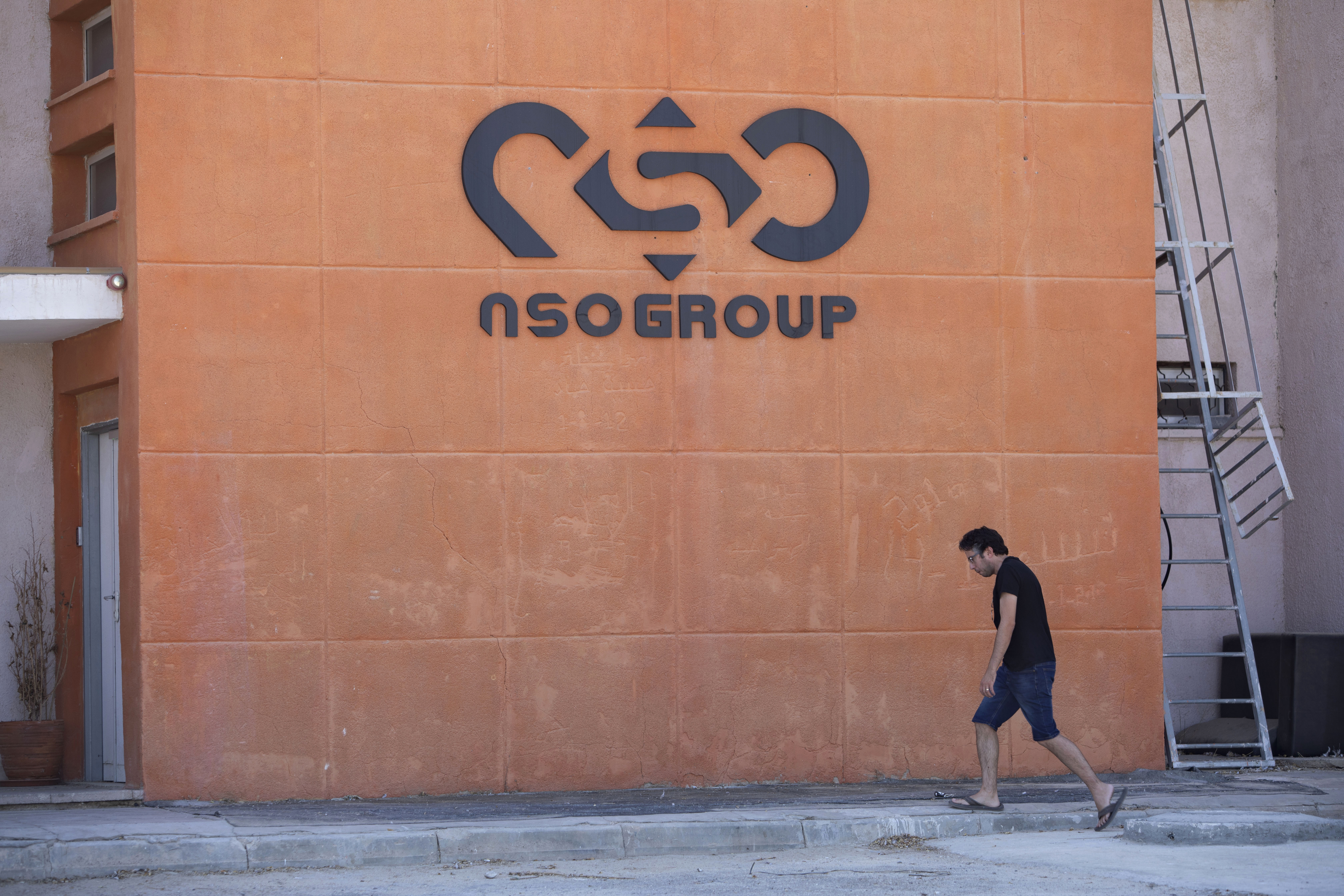 A logo adorns a wall on a branch of the Israeli NSO Group near the southern Israeli town of Sapir