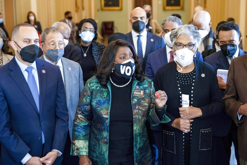 Representatives Hakeem Jeffries, Terri Sewell and Joyce Beatty, alongside other members of the Congressional Black Caucus, speak near the Senate chamber about their support of voting rights legislation at the Capitol in Washington.