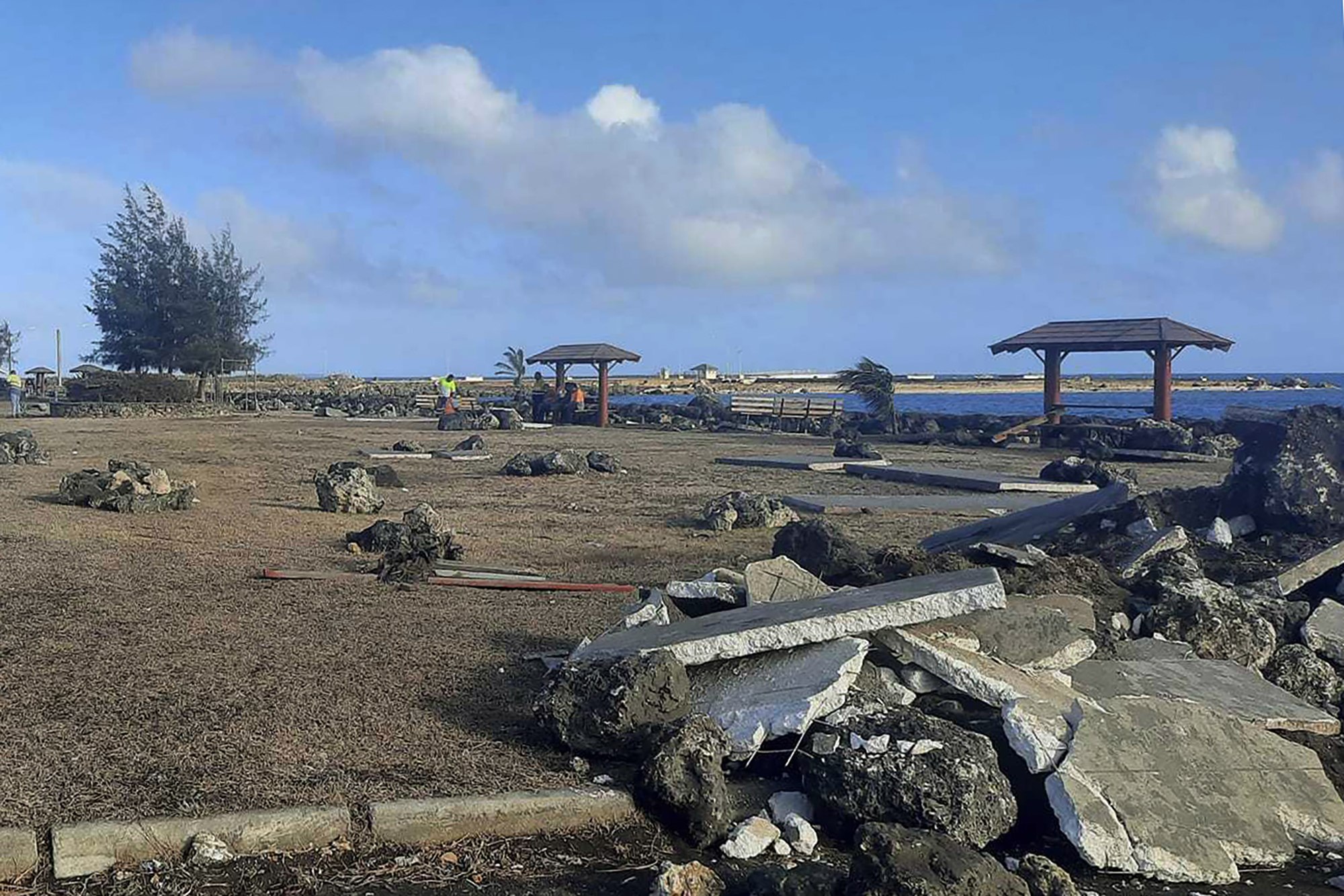 Damaged area in Nuku'alofa, Tonga, following Saturday's volcanic eruption near the Pacific archipelago.
