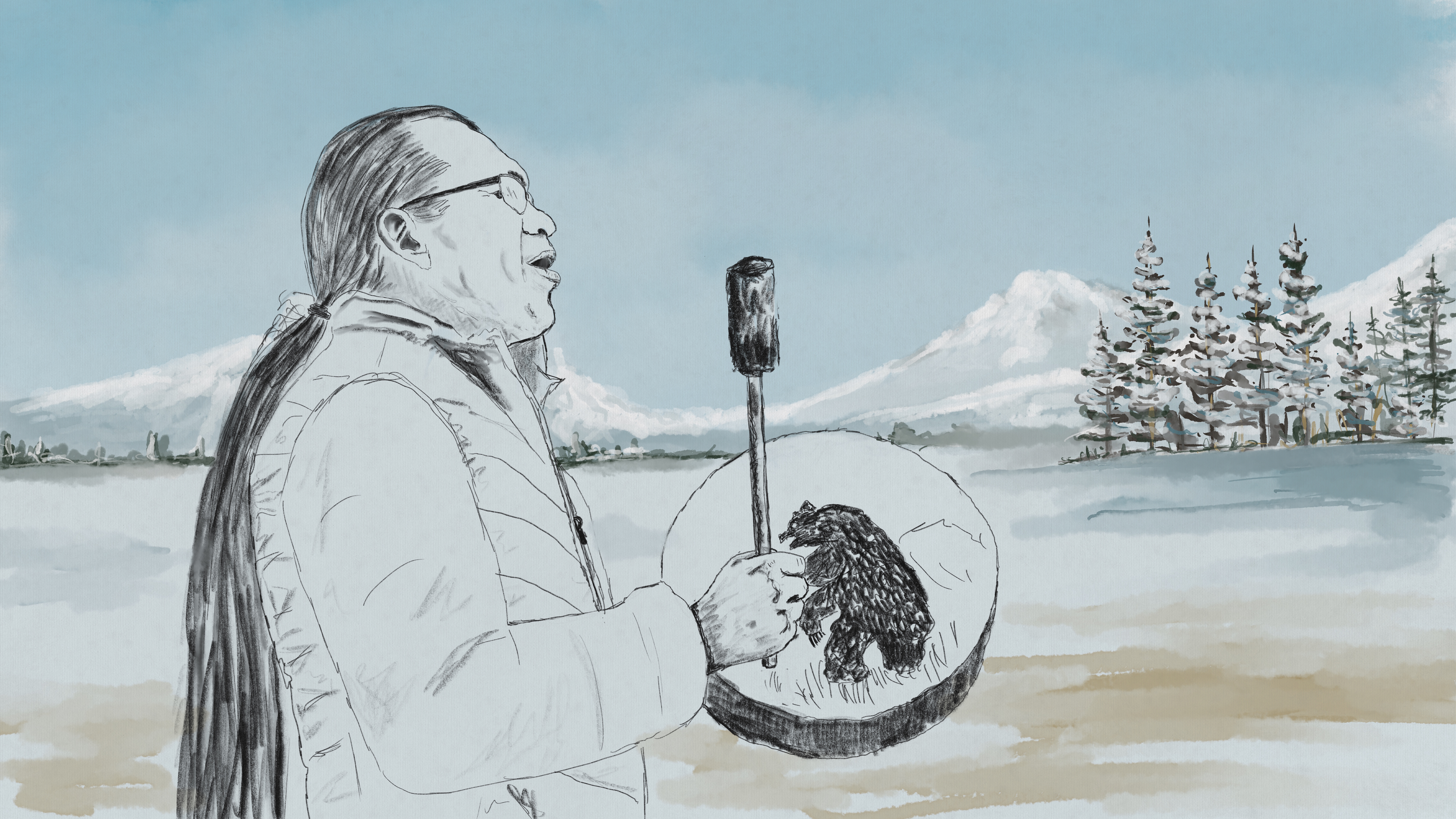 An illustration shows Chief Woos. His long black hair is tied back, he wears rimless glasses.