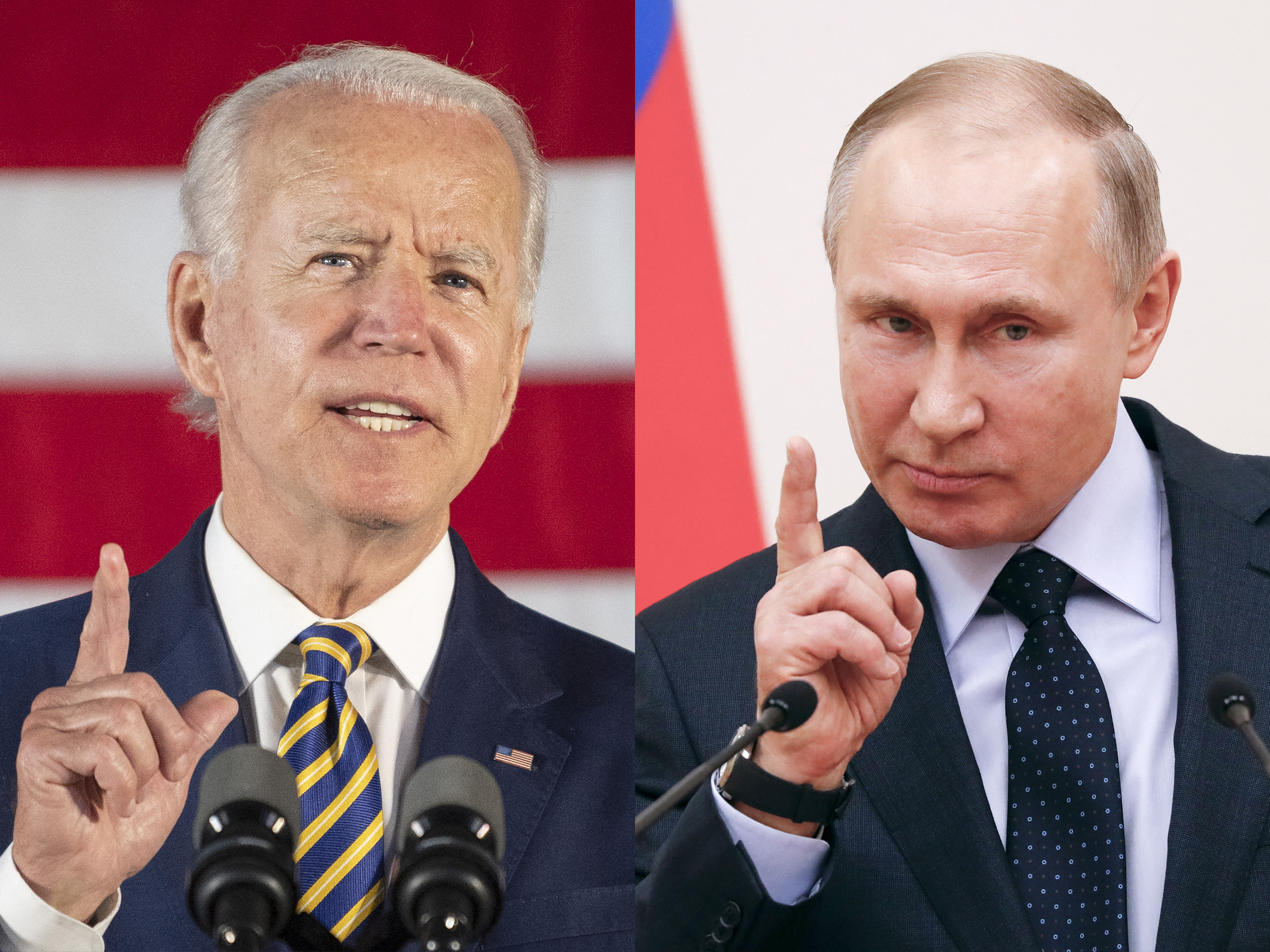 This combination of files pictures show US Joe Biden and Russian President Vladimir Putin