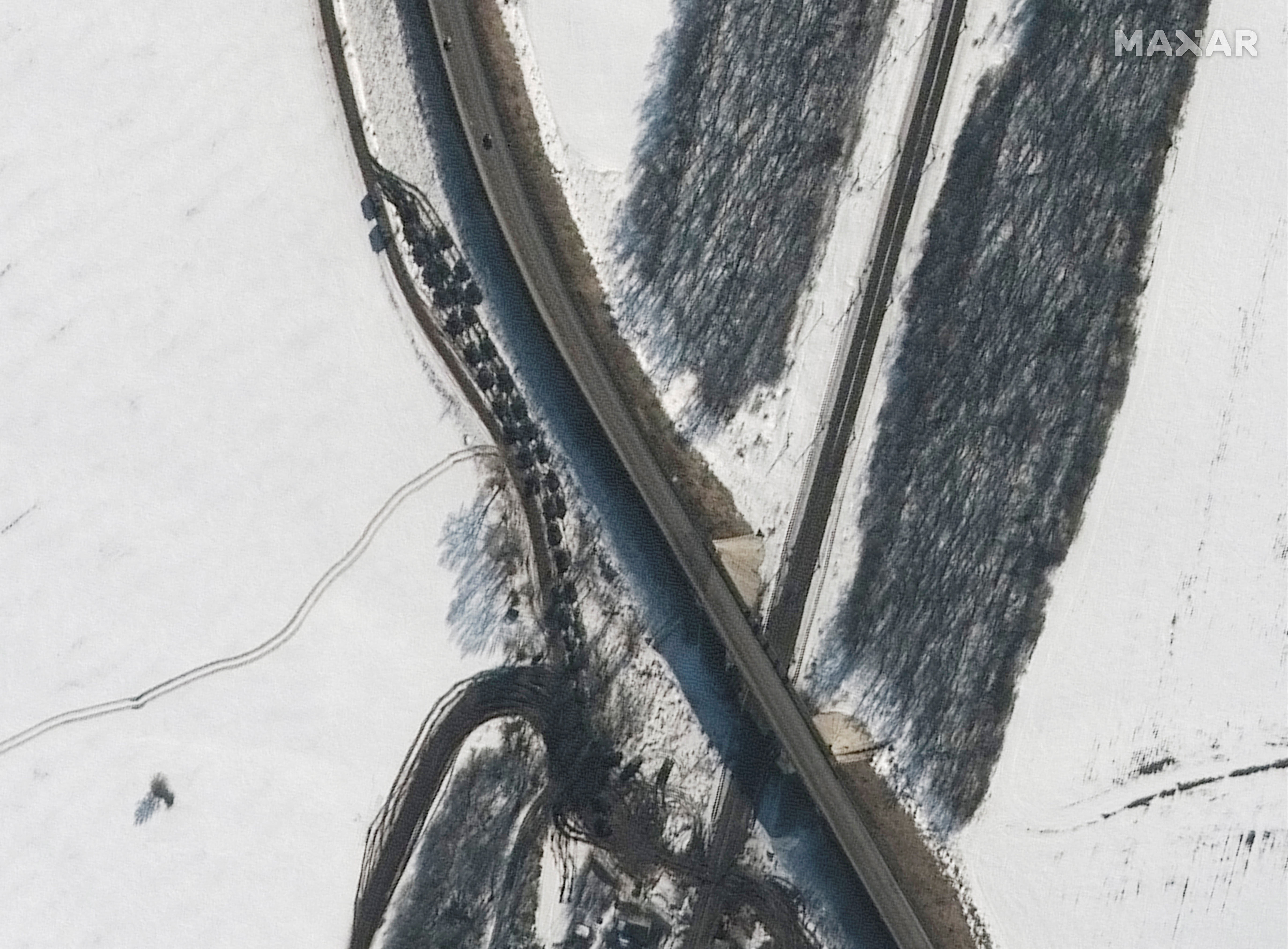 A satellite image shows an armor battalion heading south, in Soloti, Russia
