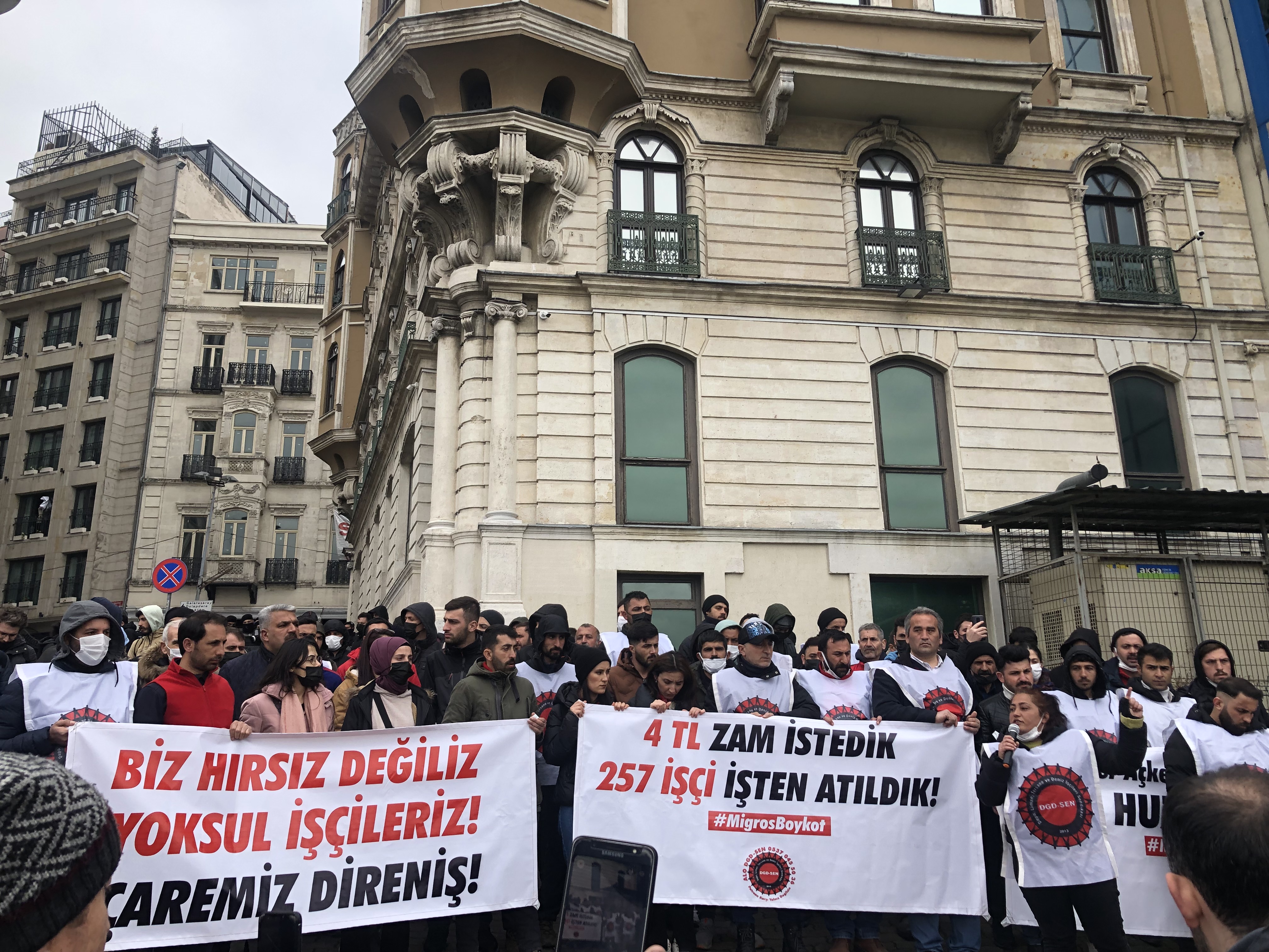 Migros workers who were fired demonstrating outside of the company's Istanbul Headquarters