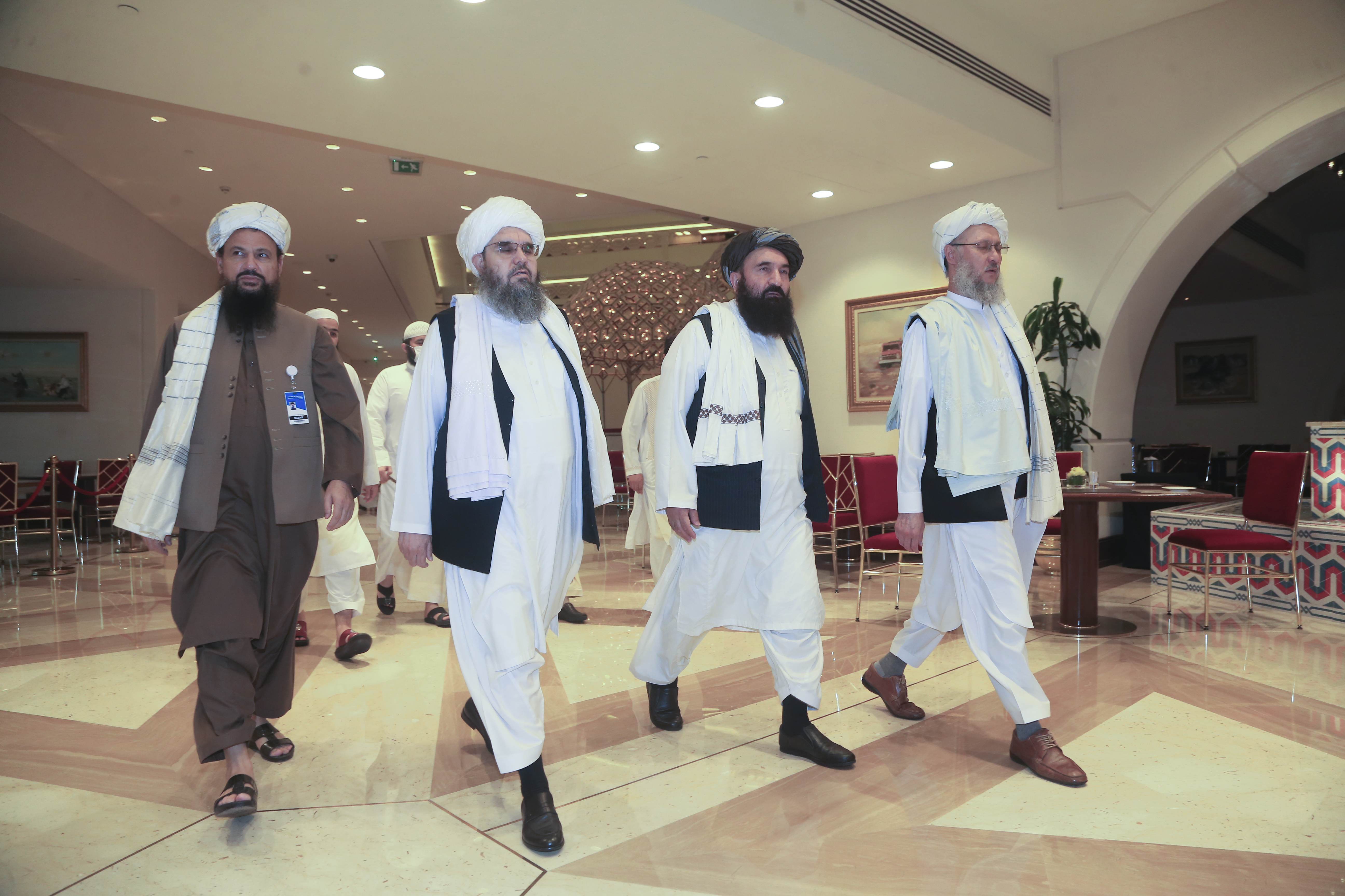 The Taliban delegation arrives for Afghan peace talks in Doha, Qatar