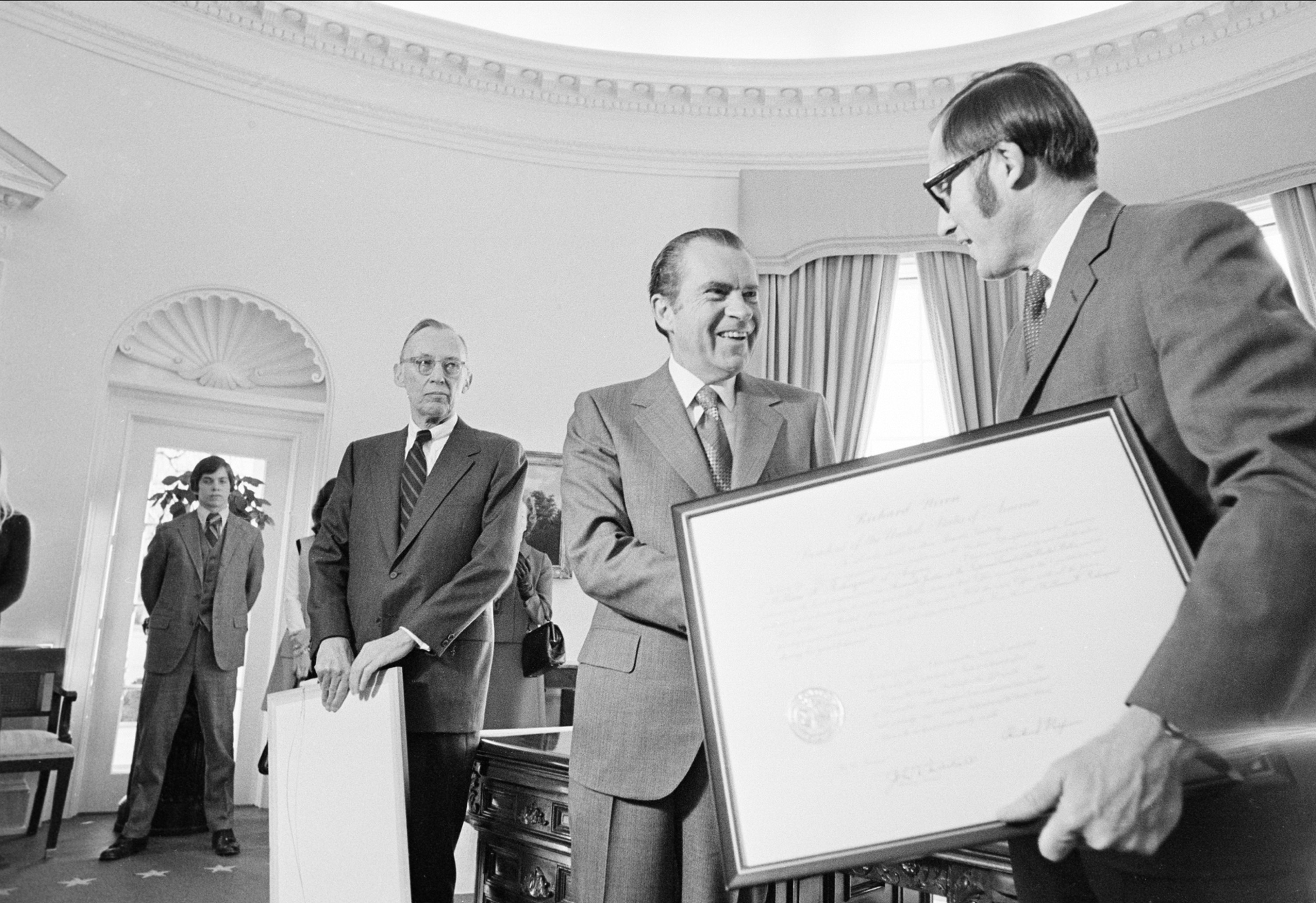 U.S. President Richard Nixon with William H. Rehnquist and Lewis F. Powell Jr.