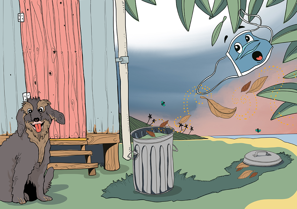 An illustration showing Masky the face mask flying out of the bin and into the air as a dog sits and watches