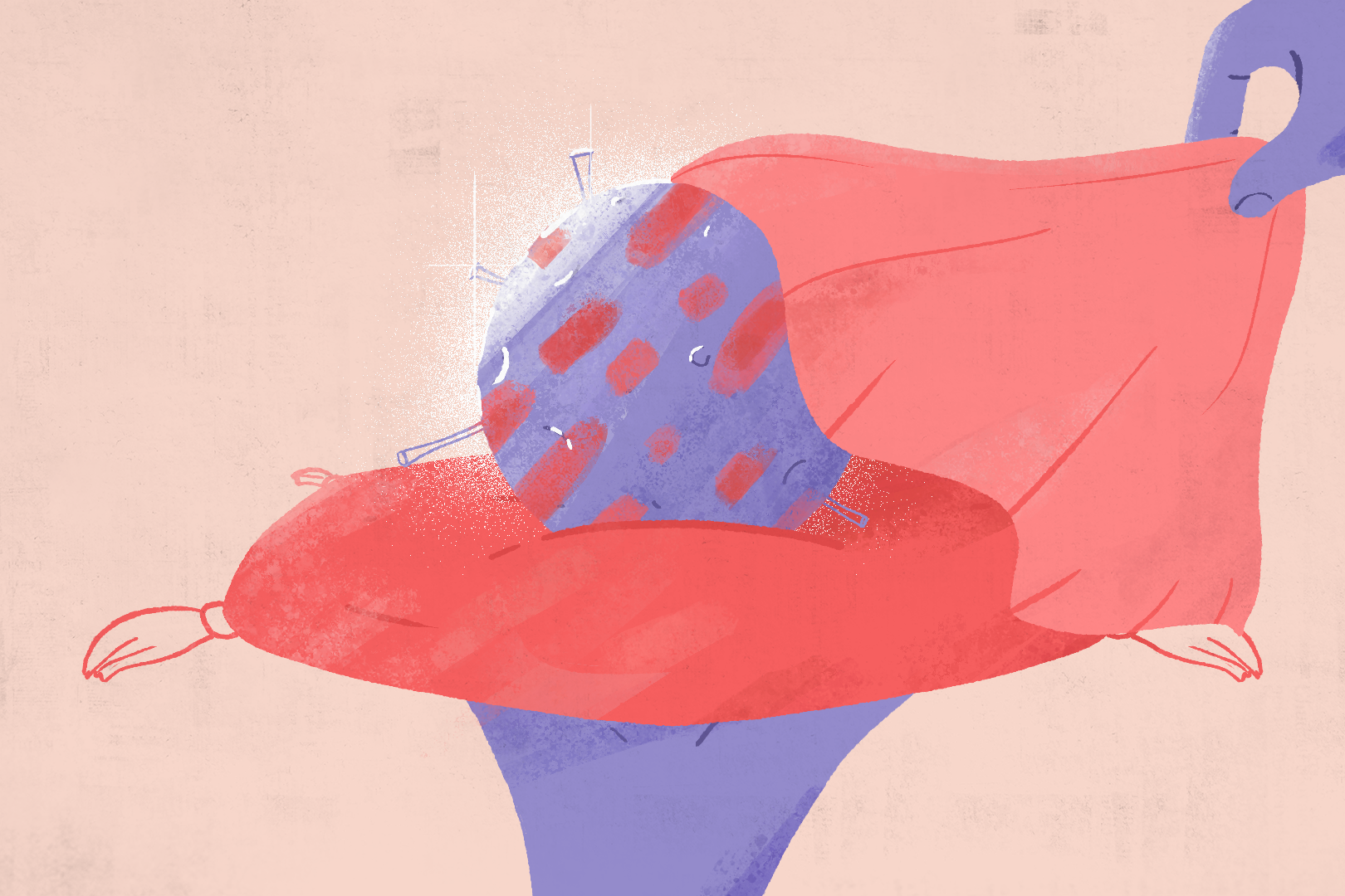 An illustration of a person pulling a piece of cloth off a table to reveal a large COVID virus.