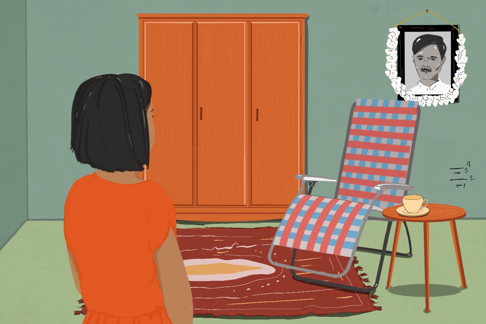 Illustration of a young girl looking at a picture of her father