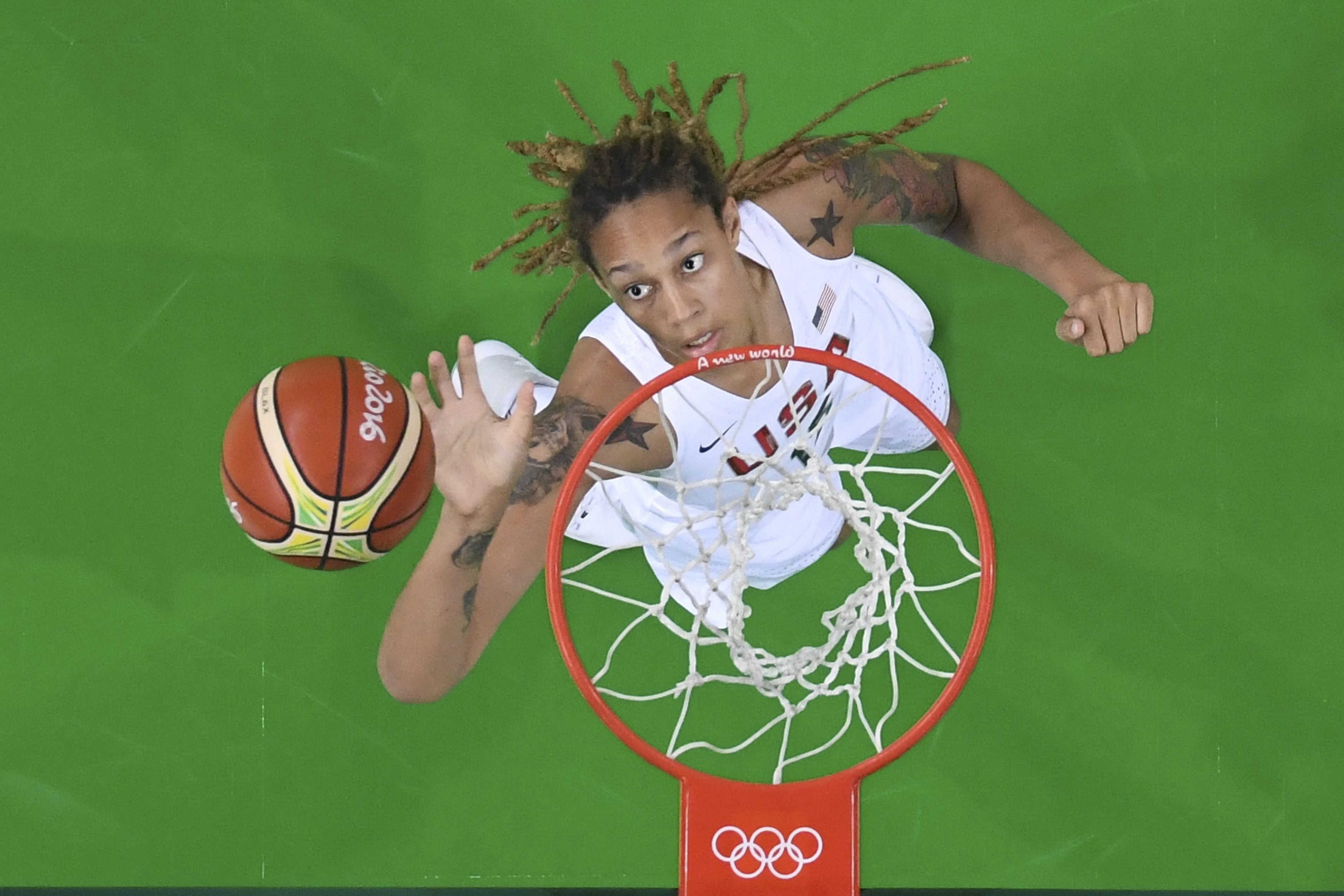 Brittney Griner of USA competes in the 2016 Rio Olympics with a layup shot.
