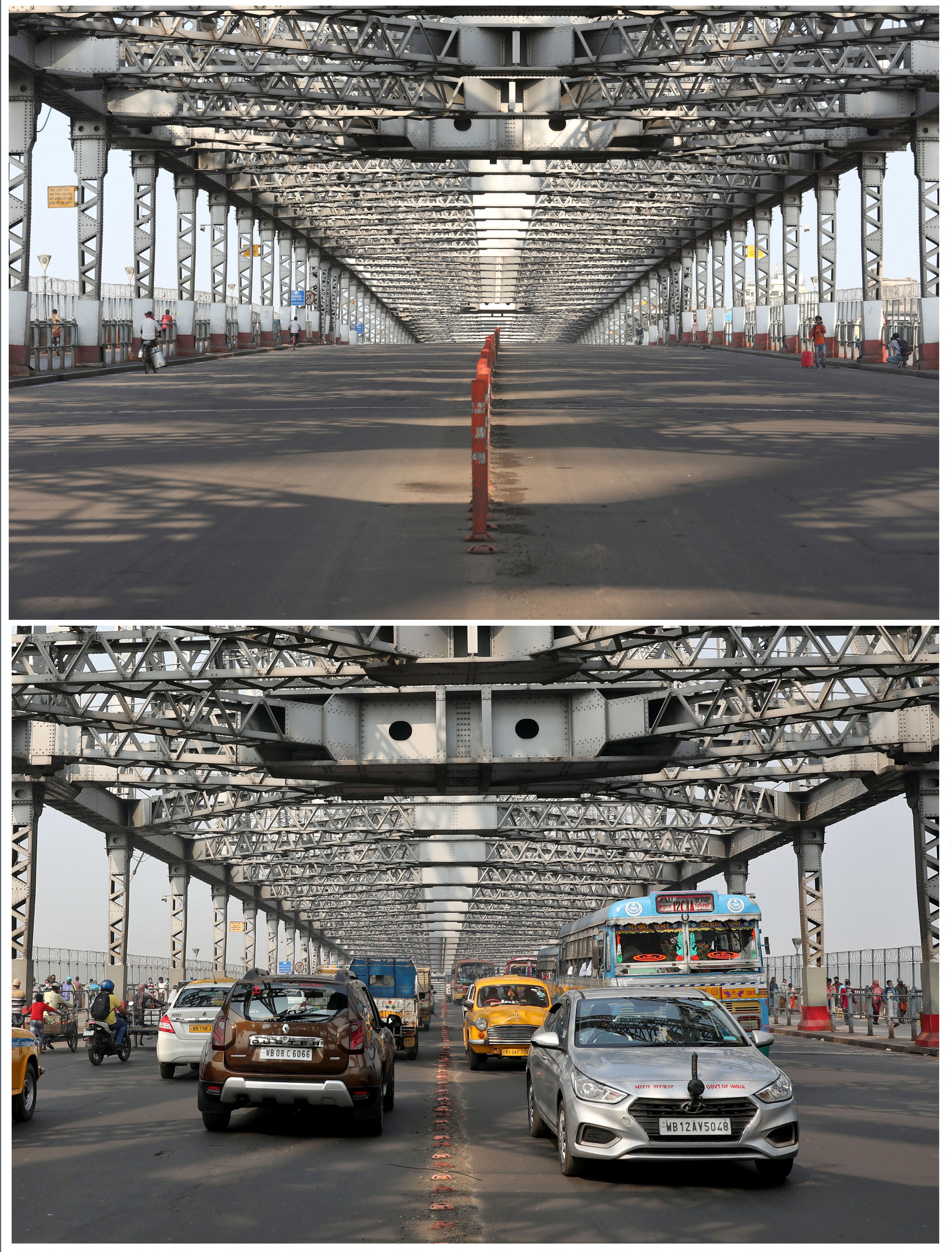 A combination picture shows Howrah bridge during a 14-hour curfew to limit the spread of the coronavirus disease (COVID-19) in the country, in Kolkata