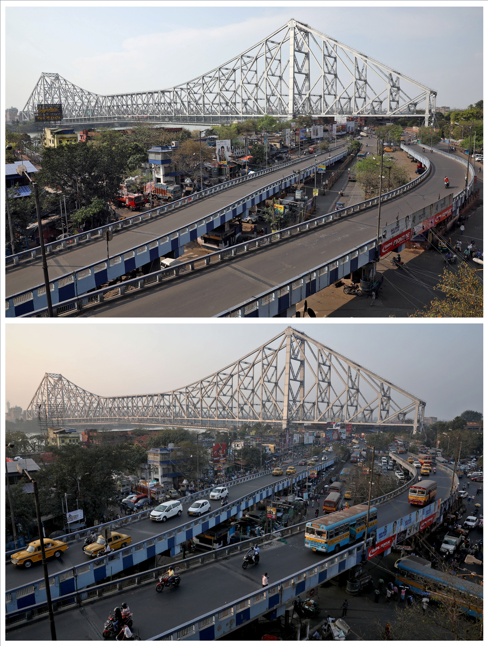 A combination picture shows a view of almost empty roads before the start of the lockdown by the West Bengal state government to limit the spread of coronavirus disease (COVID-19), in Kolkata